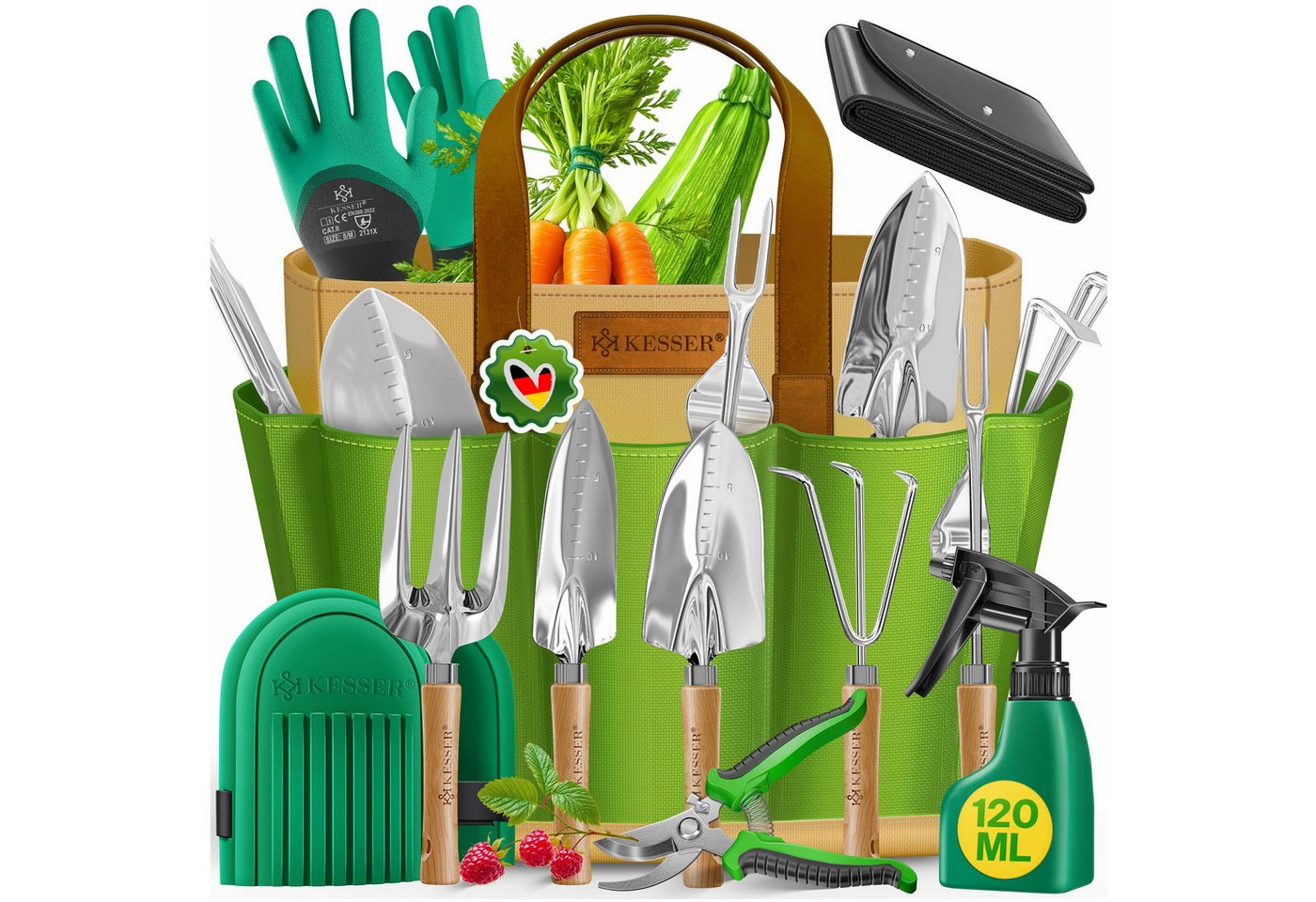 KESSER Gartenpflege-Set Gartenwerkzeug Set 10-teilig Gartengeräte mit ergonomischen Holzgriff, Handschaufel, Handgabel, Unkrautstecher, Handkelle, Handharke & Schere