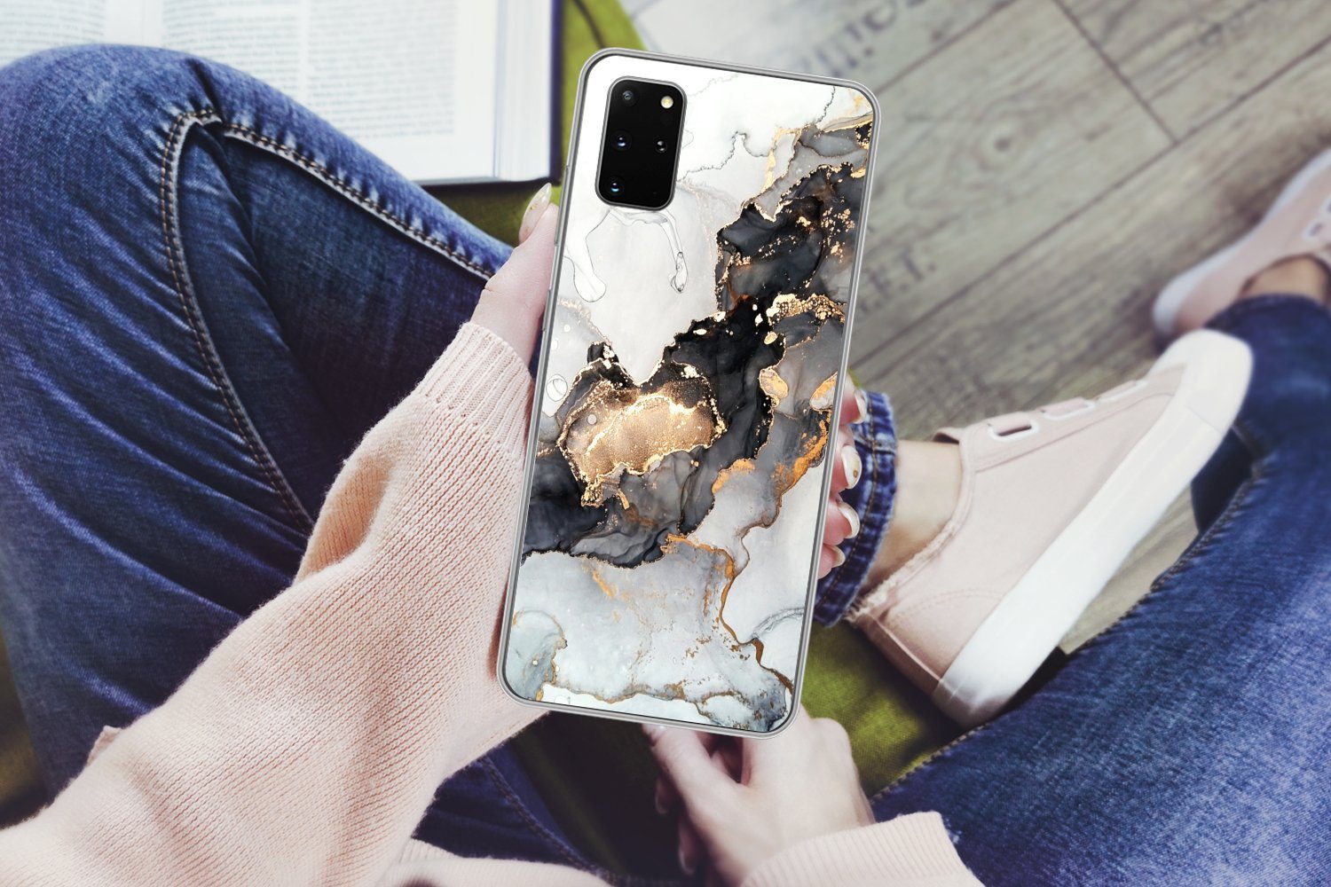 MuchoWow Handyhülle für Samsung Galaxy S20 Plus Marmor - Schwarz - Weiß - Gold - Luxus - A, Phone Case, Silikon, Schutzhülle Dünn