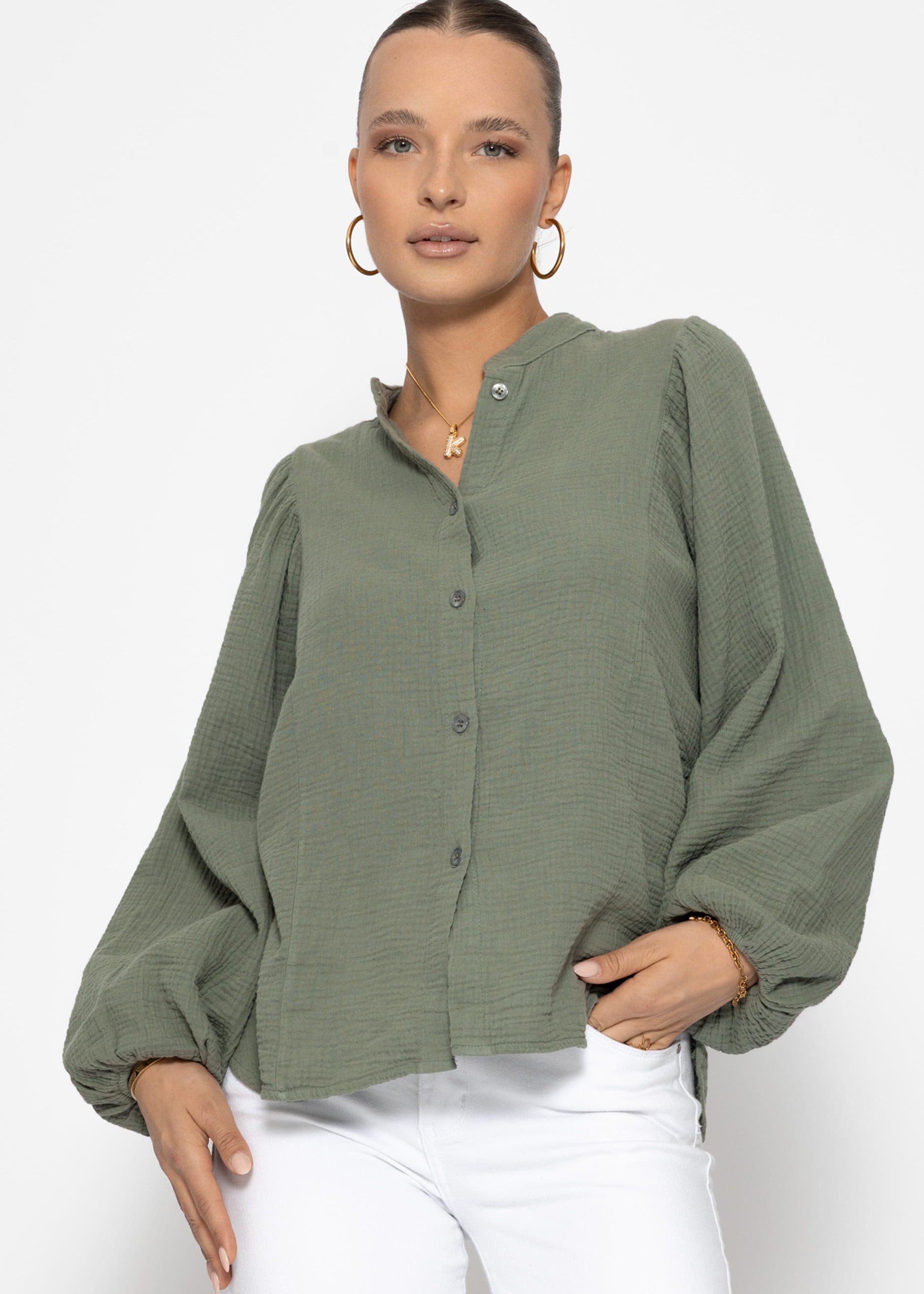 Langarmbluse Oversize Musselin Bluse Damen mit Fledermausärmeln