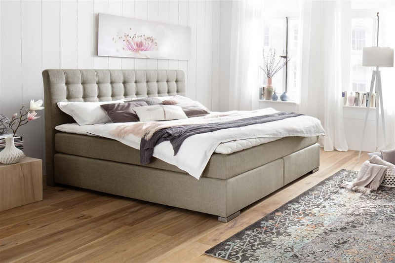 möbelando Boxspringbett Lenno, Boxspringbett Lenno mit Stoffbezug Hugo Uni beige, Liegefläche 180x200 cm, Kopfteil gesteppt, Metallfüße gebürstet