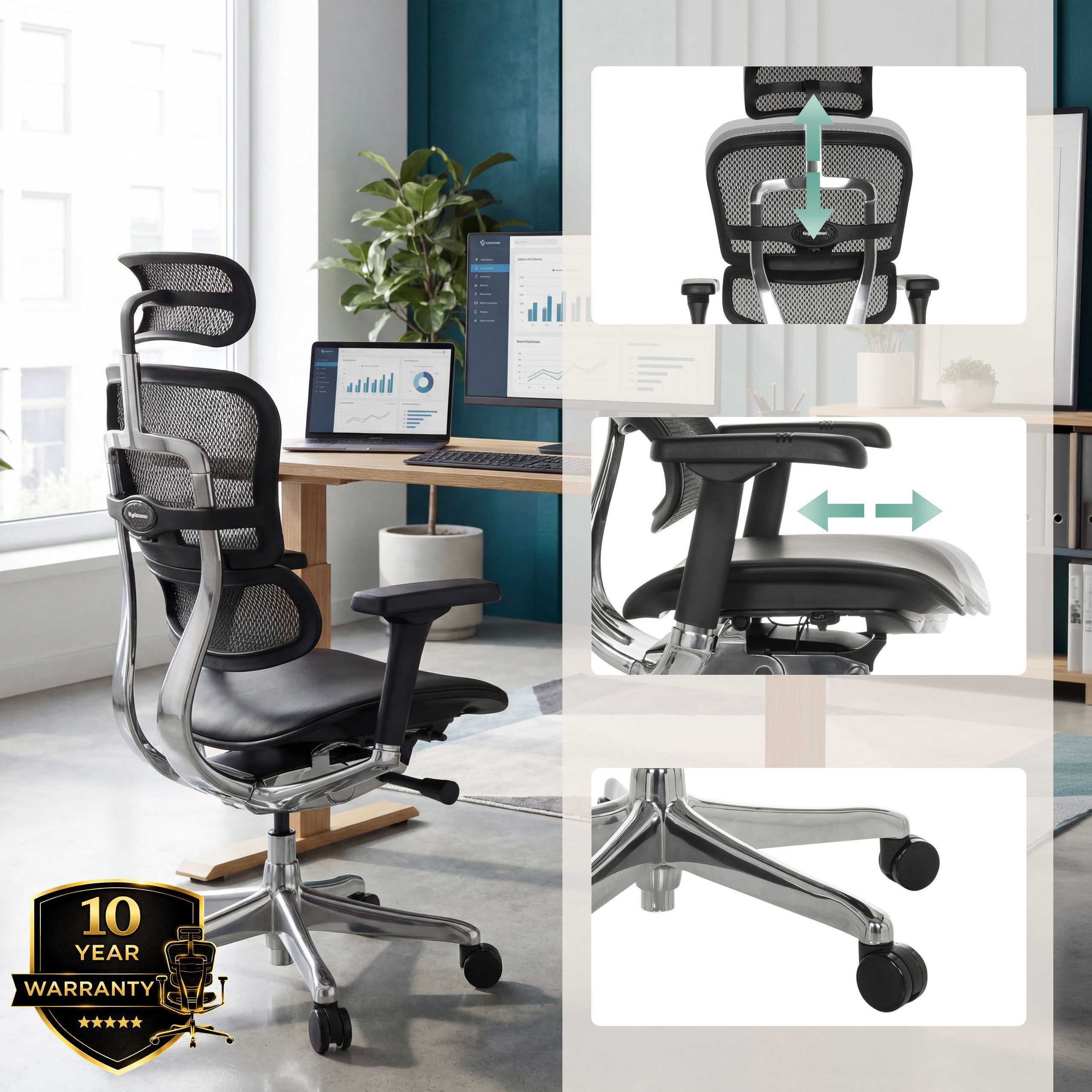 hjh OFFICE Drehstuhl Luxus Chefsessel Ergohuman Gen2 Leder/Netzstoff (1 St), Profi Bürostuhl Schreibtischstuhl ergonomisch