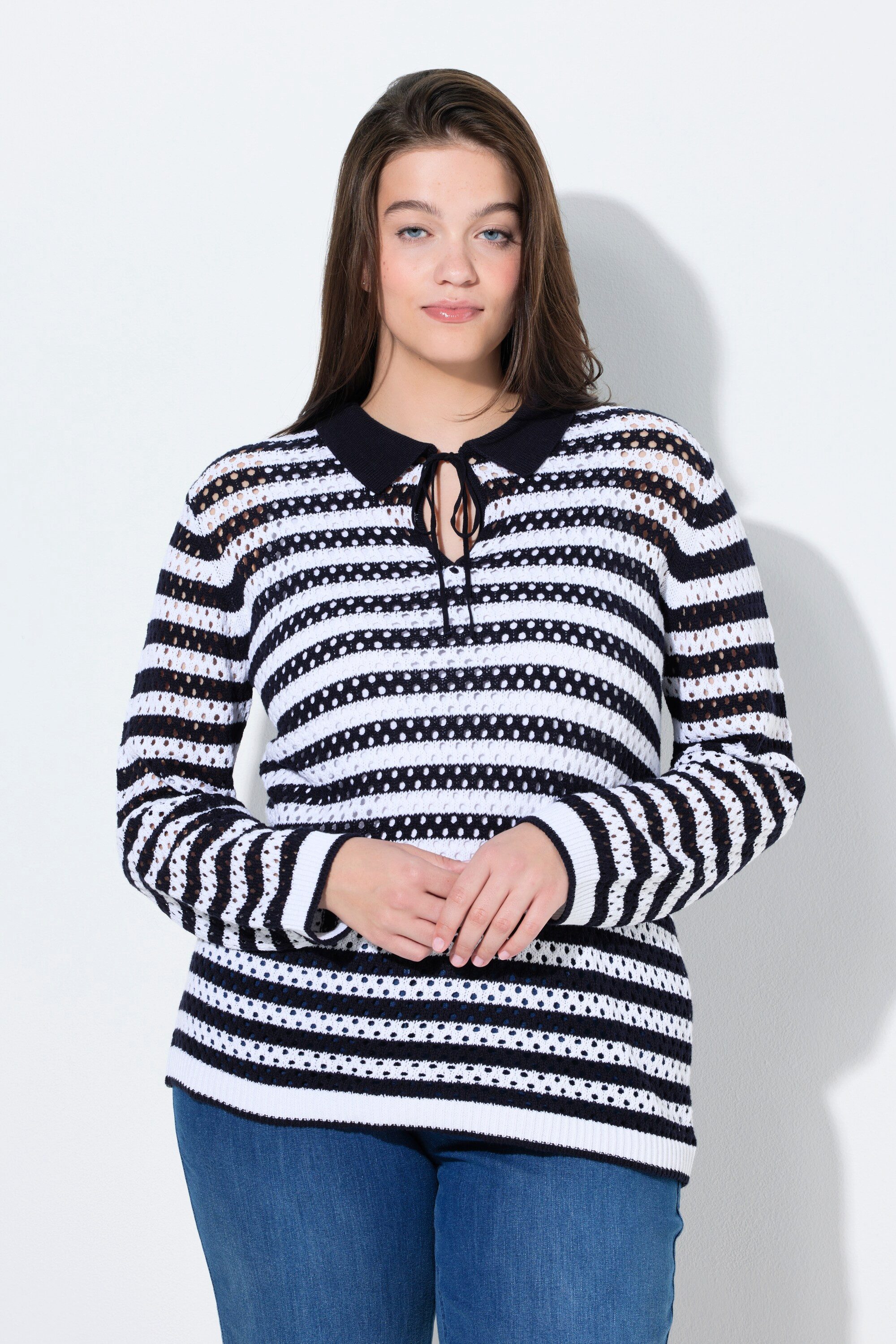Ulla Popken Troyer Polo-Pullover Lochstrick Ringel Langarm
