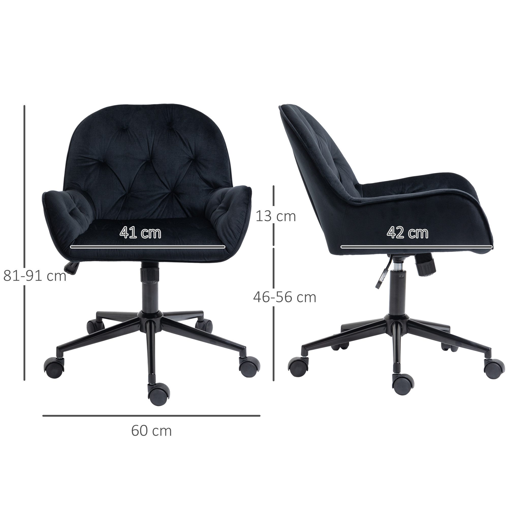 Vinsetto Bürostuhl Homeoffice Stuhl Schreibtischstuhl mit Samtoptik höhenverstellbar (Drehstuhl, 1 St), Polyester Schwarz 60 x 61 x 81-91 cm