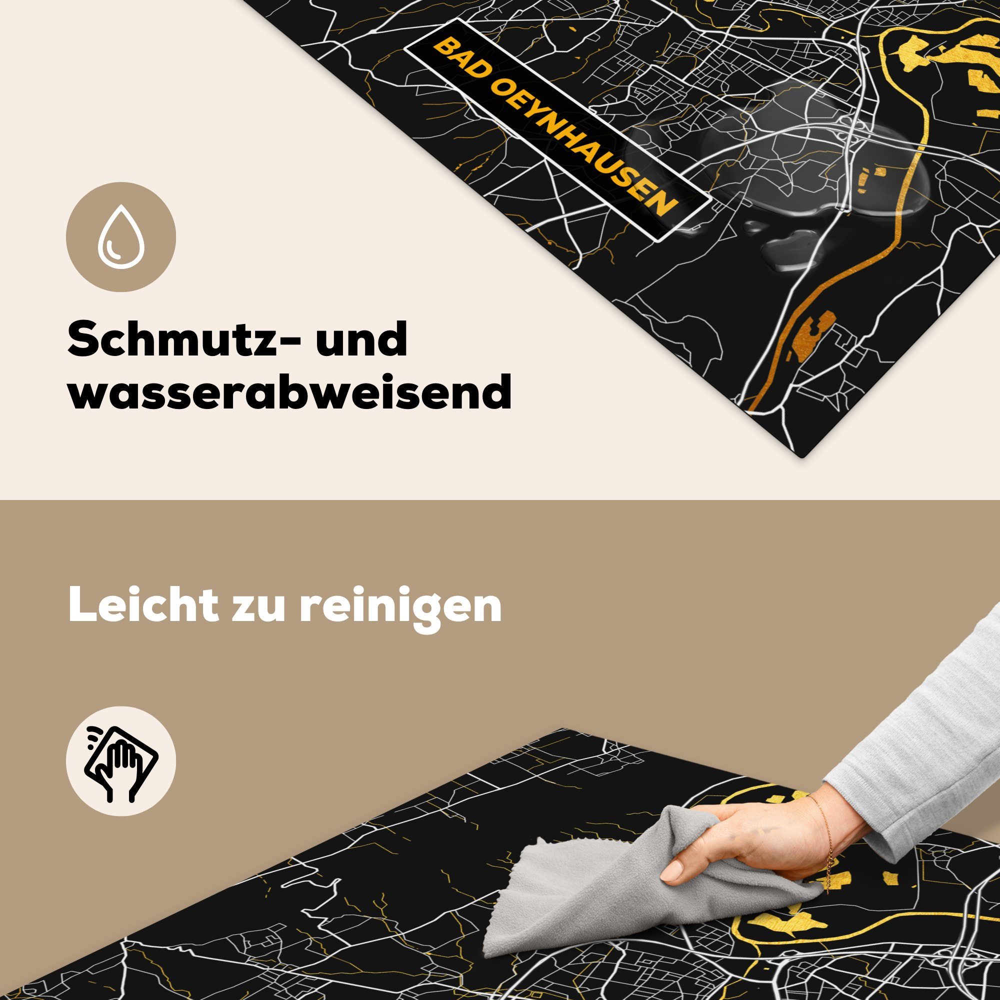 Oeynhausen Bad cm, und Vinyl, Karte, 78x78 Schwarz Ceranfeldabdeckung, Herdblende-/Abdeckplatte - Stadtplan - MuchoWow - Gold - Arbeitsplatte (1 küche Deutschland tlg), für