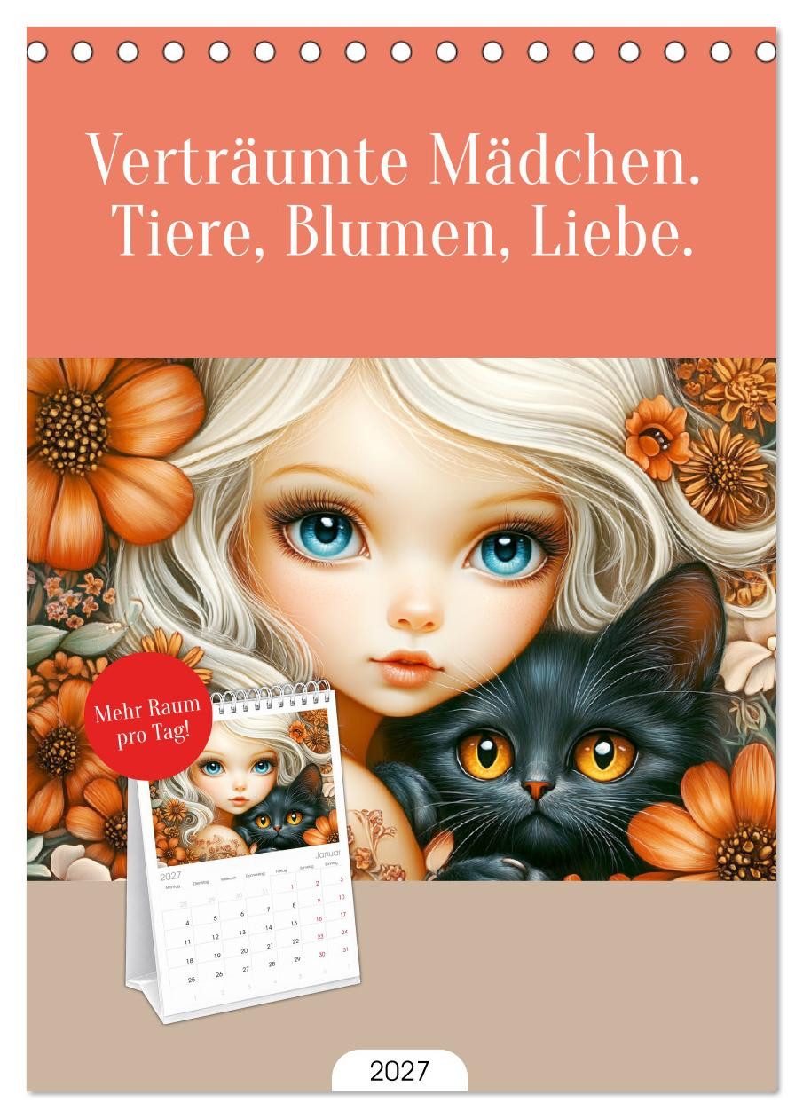 CALVENDO Tischkalender Tischplaner 2027 - Verträumte Mädchen. Tiere, Blumen, Liebe. (A5 Tisch