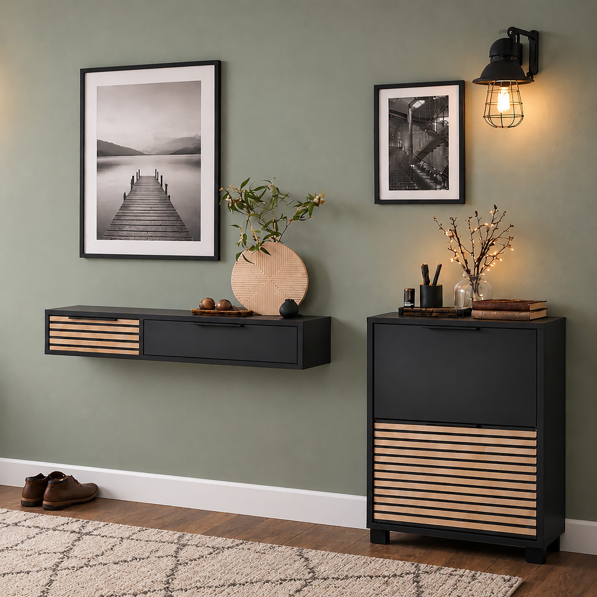 Lomadox Garderoben-Set HUNTSVILLE-80, (Spar-Set, 2-St., Konsolentisch Schuhschrank), Schwarz matt Akustikpaneel Optik Metallgriffe modern