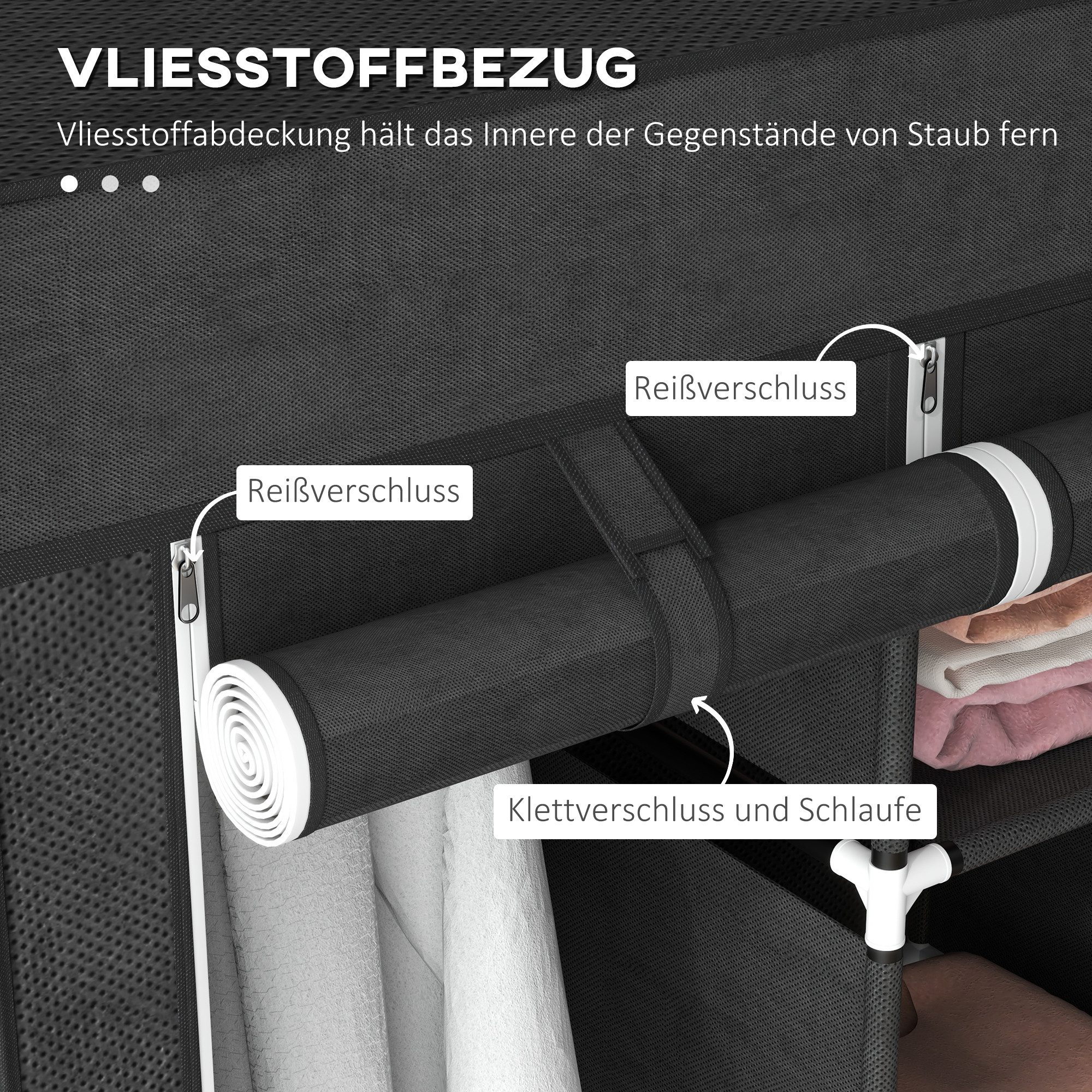 HOMCOM Stoffschrank Kleiderschrank mit Kleiderstange, Schubladen, Reißverschluss (Faltbare Garderobe, 1-St., Faltschrank) Schwarz, 125 x 43 x 162,5 cm – Bild 5 von 5