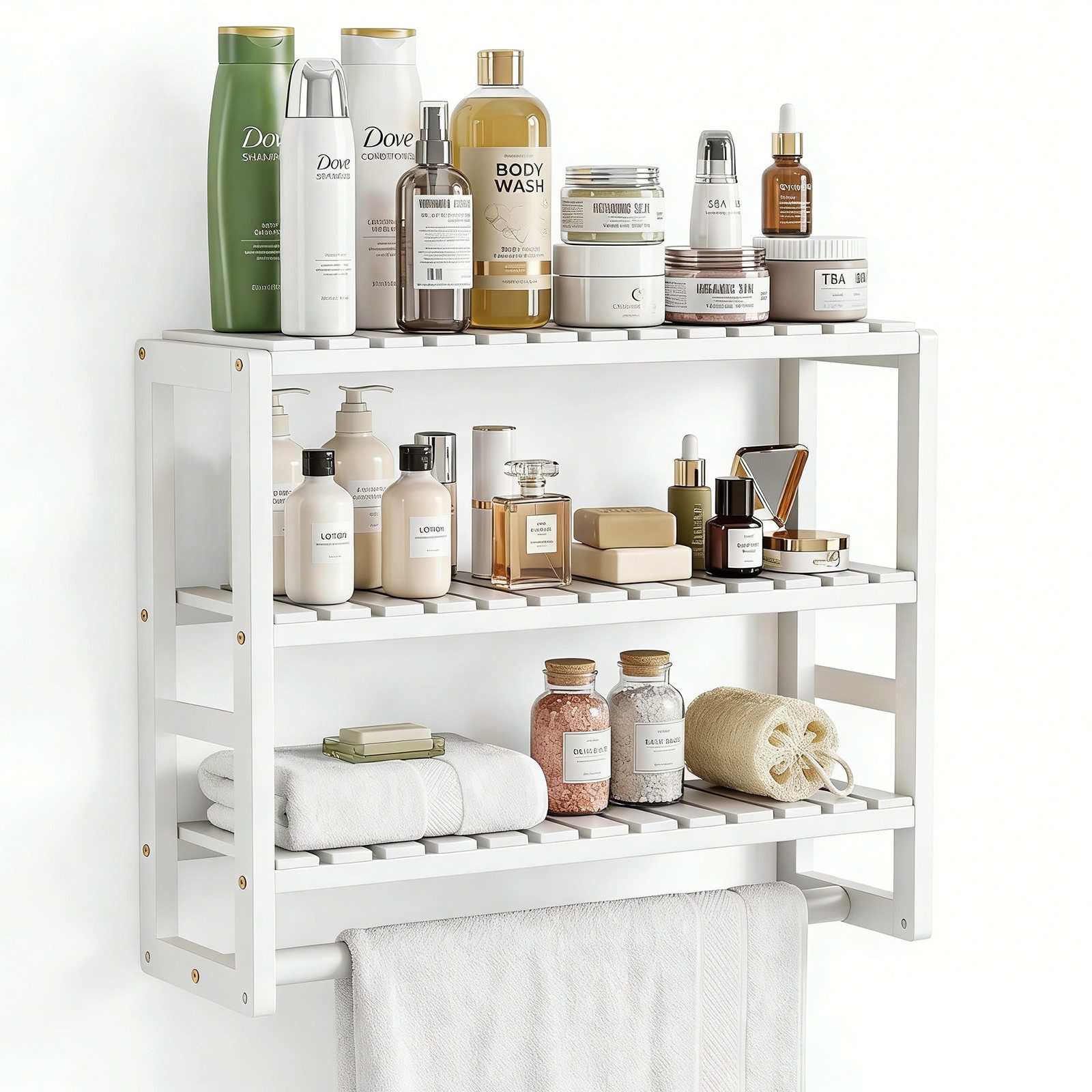 BlingBin Badregal Badezimmerregal Bambus 3 Ebenen, Wandregal Organizer, Standregal, Handtuchhalter, Hängestange für Badezimmer 1-tlg., verstellbare Schicht, schwebender Wandständer oder Ständer mit Stange
