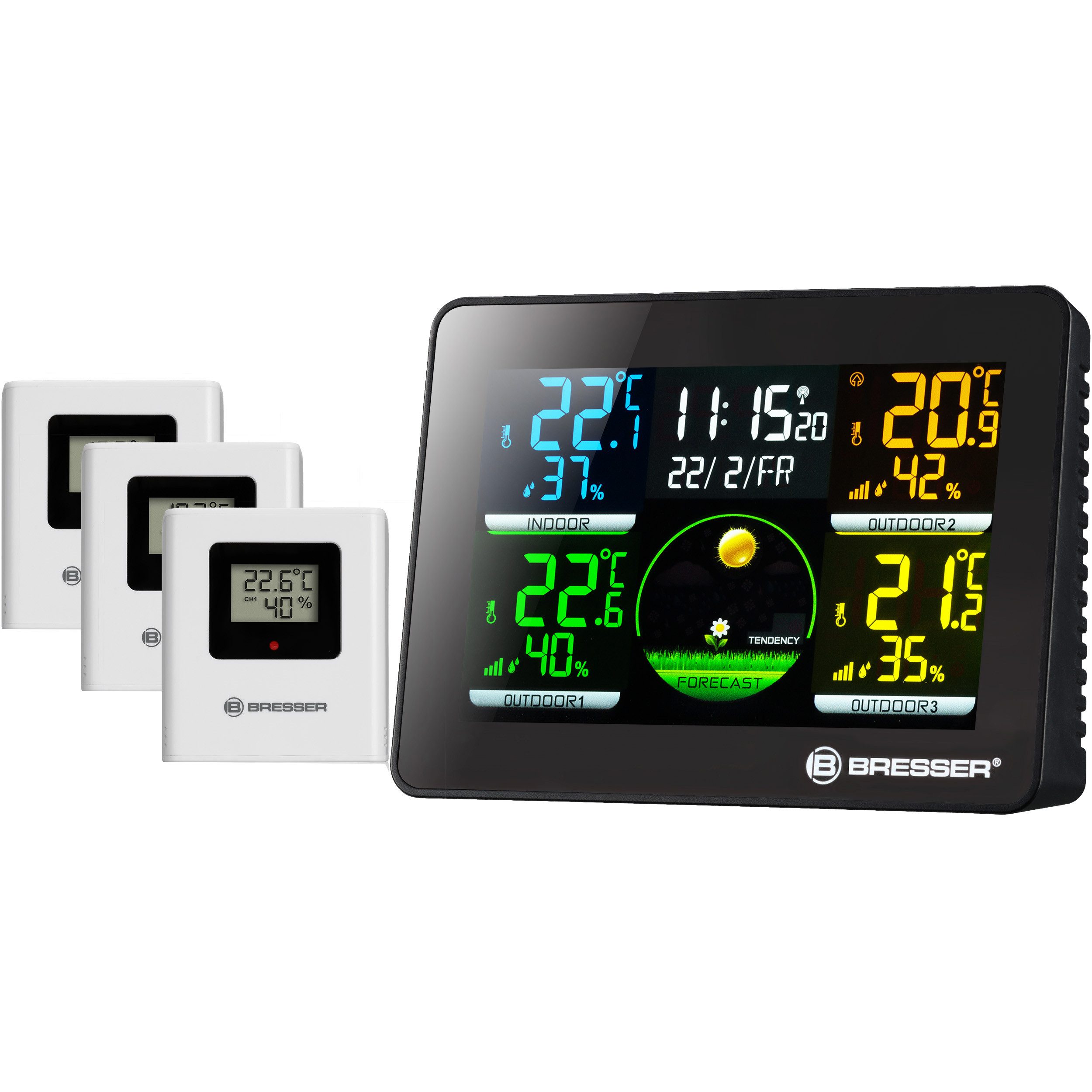 Hygrometer BRESSER Thermo Hygro Quadro NLX - Thermo-Hygrometer mit 3 Außensensor…