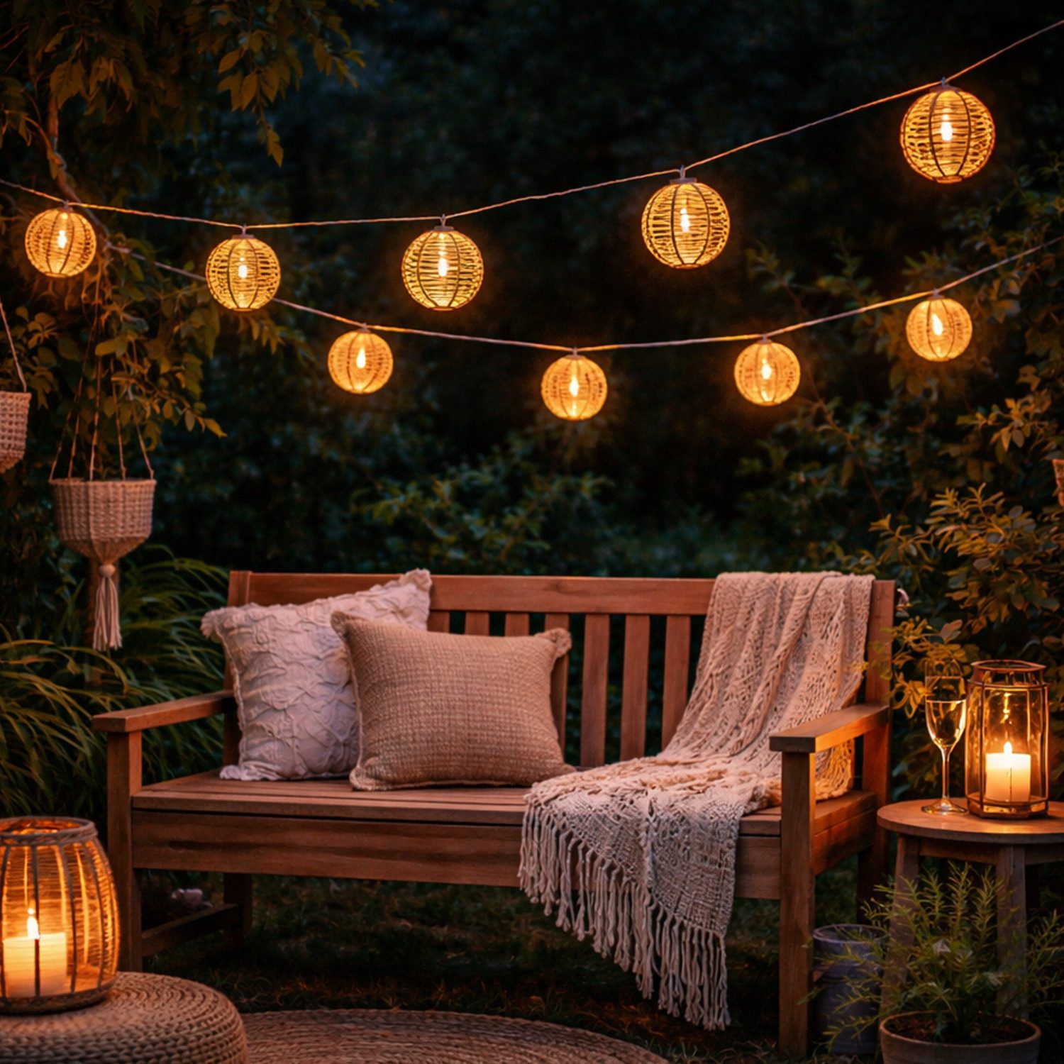 MARELIDA LED-Lichterkette 10 Kugeln in Rattan Optik Boho Solar Deko Girlande Lichtsensor L: 2,7m, 10-flammig