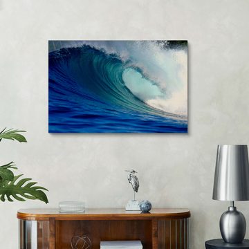 Posterlounge Holzbild Paul Kennedy, Große blaue tropische Insel Surfwelle, Badezimmer Maritim Fotografie