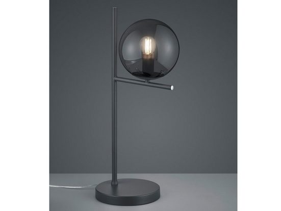 meineWunschleuchte LED Tischleuchte, Bauhaus Lampe Glas-Kugel Rauchglas Anthrazit, dimmbar, Industrial Style minimalistisch mit Schnur-Schalter