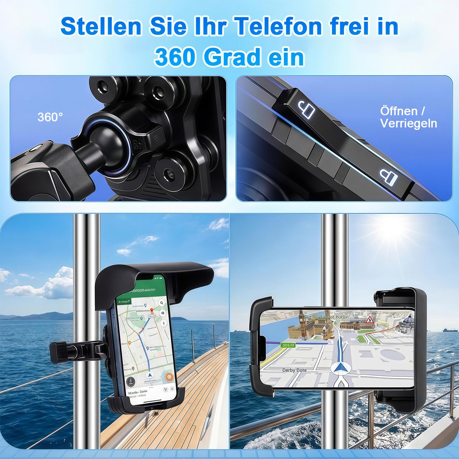 MOPUEA Smartphone-Halterung Handyhalterung Fahrrad 360° Drehbar Sonnenschutz Stoßfest Outdoor, (Handyhalterung mit Sonnenschutz und 360° Drehfunktion, Für Fahrr – Bild 3 von 5