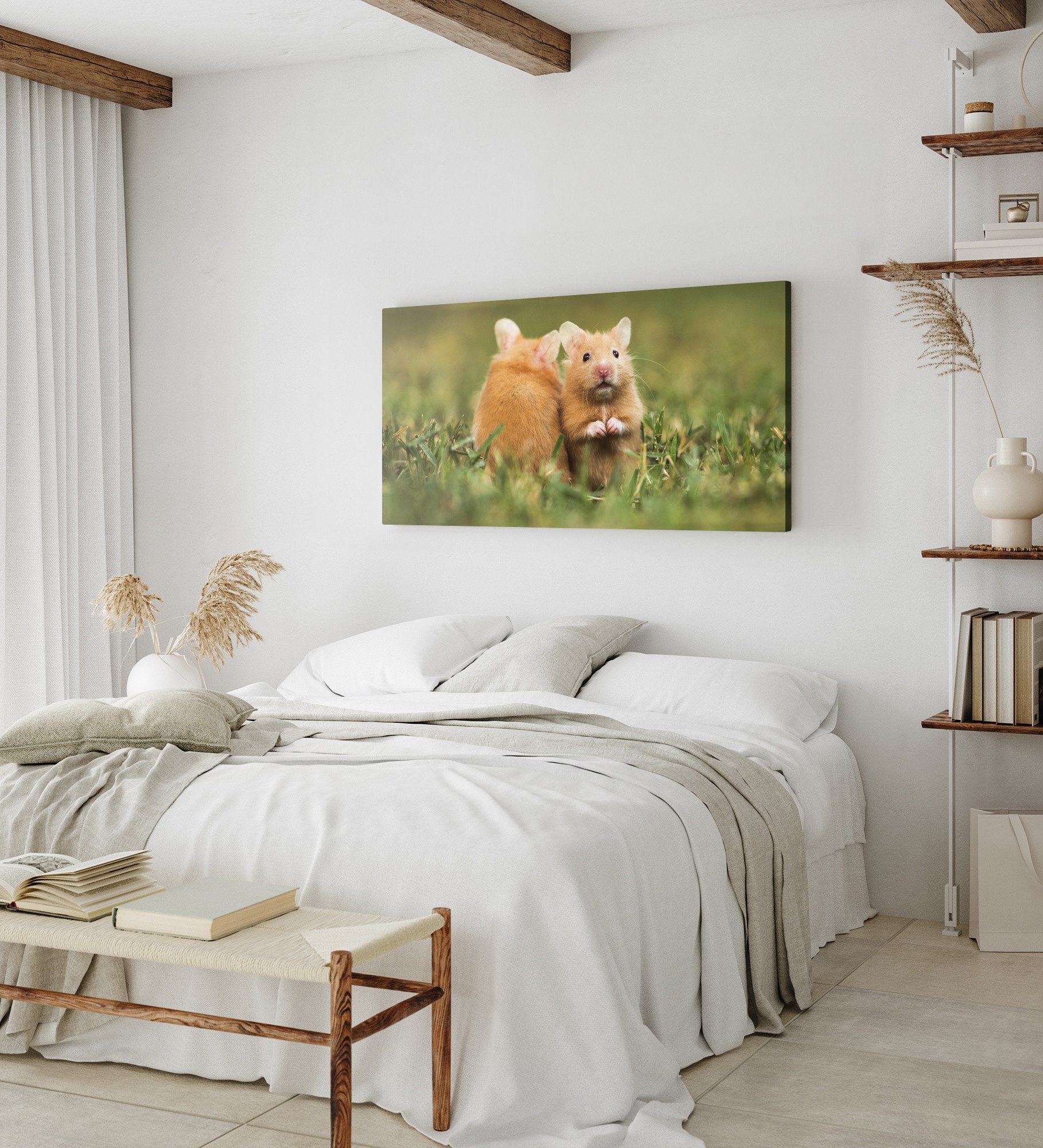 Sinus Art Leinwandbild Kunstdruck Bilder 120x60cm Kleine Hamster im Gras Wiese Grün Nager, (1 St)