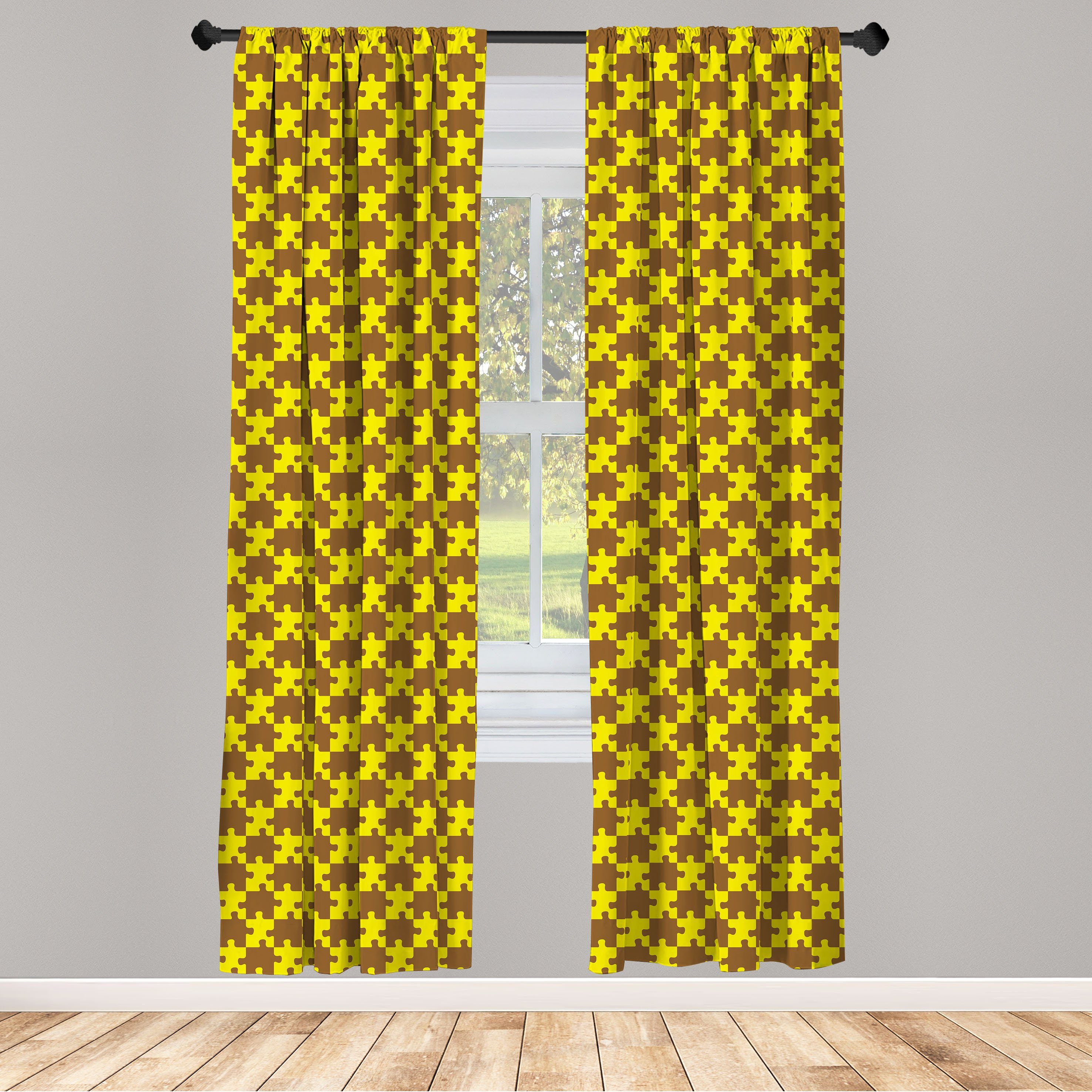 Gardine Vorhang für Wohnzimmer Schlafzimmer Dekor, Abakuhaus, Microfaser, Gelb Braun Bicolor Puzzle Pieces