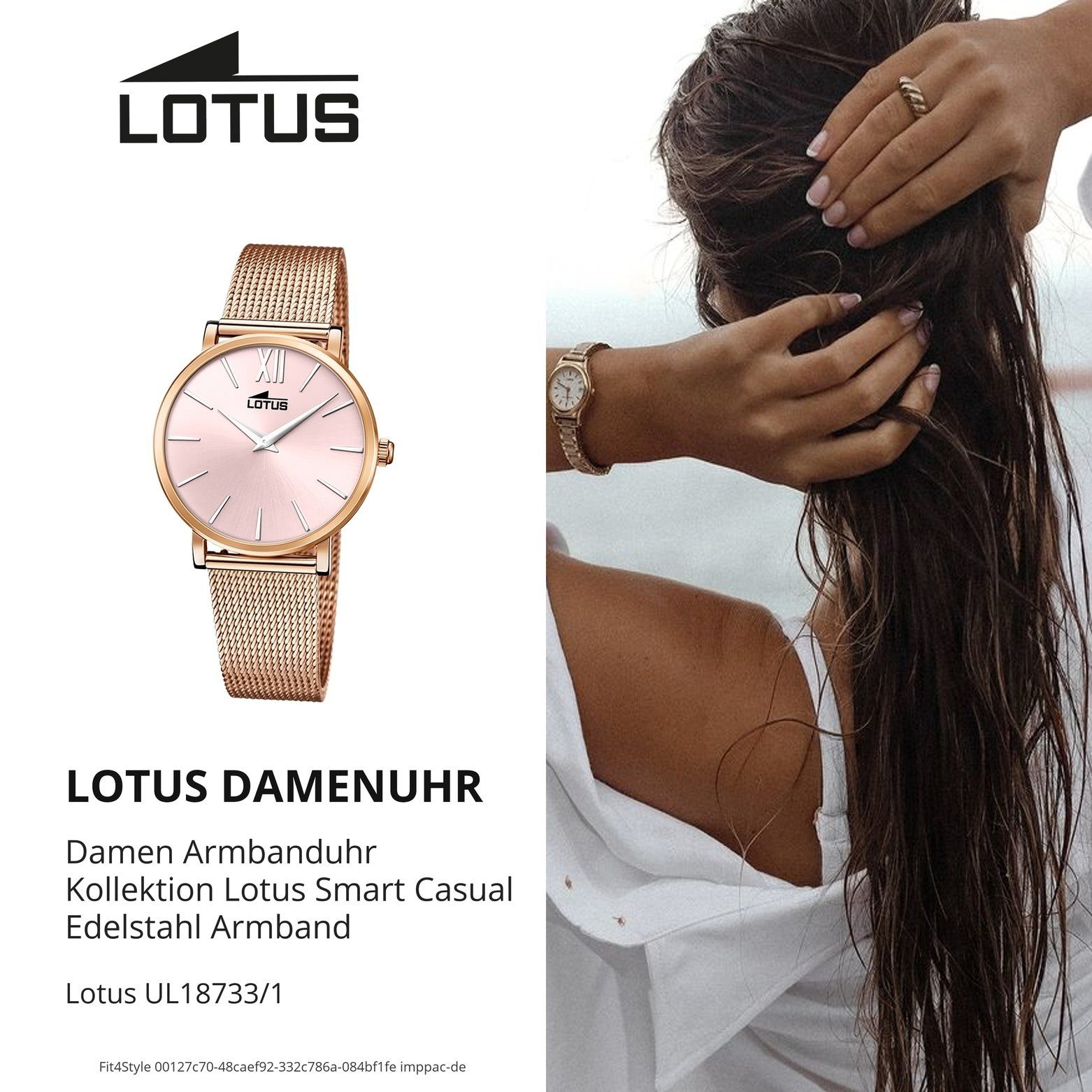 Lotus Quarzuhr Lotus Armbanduhr Edelstahlarmband Damen (ca. Smart Casual, mittel rund, rosegold Damenuhr 33mm)