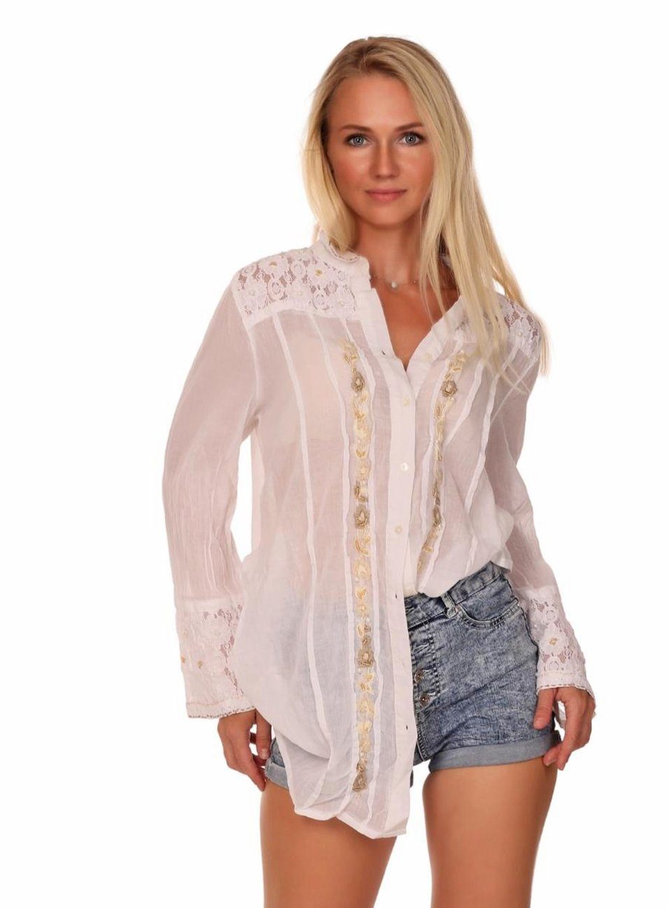 Charis Moda Bluse Spitze Folklore Langarm Kunstperlen Longbluse Stickerei