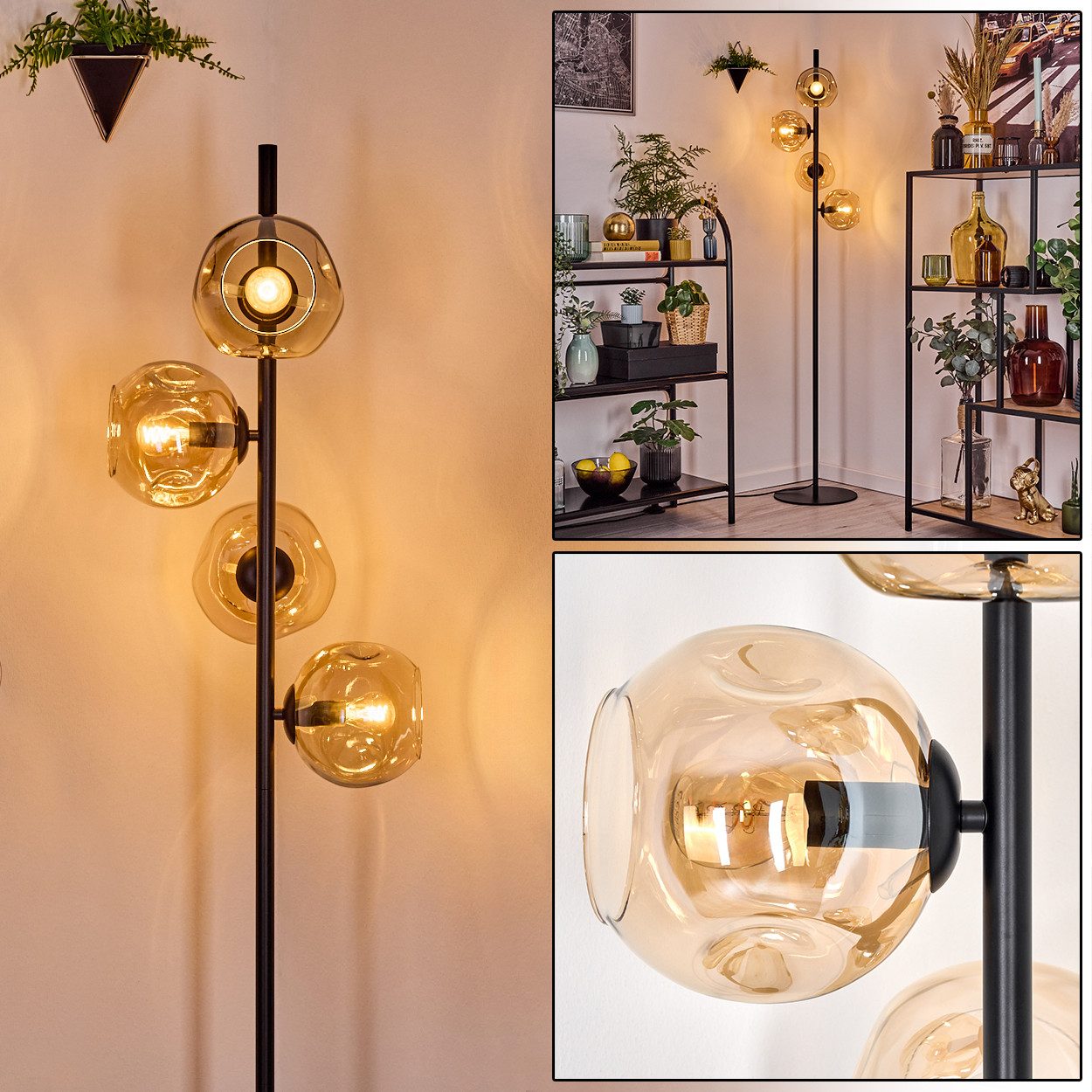 Stehlampe Stehlampe aus Metall/Glas in Schwarz/Bernstein, Retro/Vintage-Design
