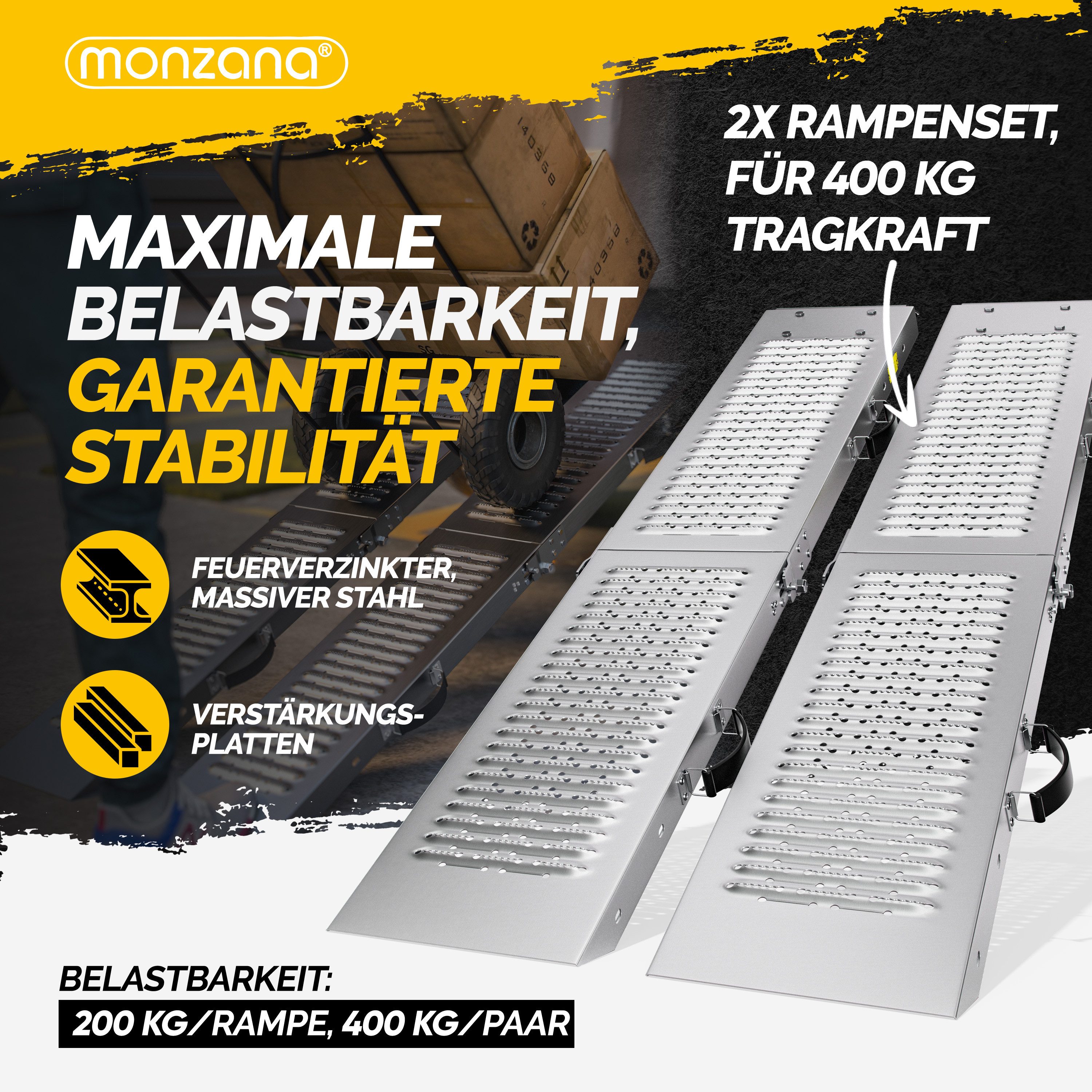 monzana Auffahrrampe, 400kg klappbar Laderampe verzinkter Stahl rutschfeste Oberfläche PKW
