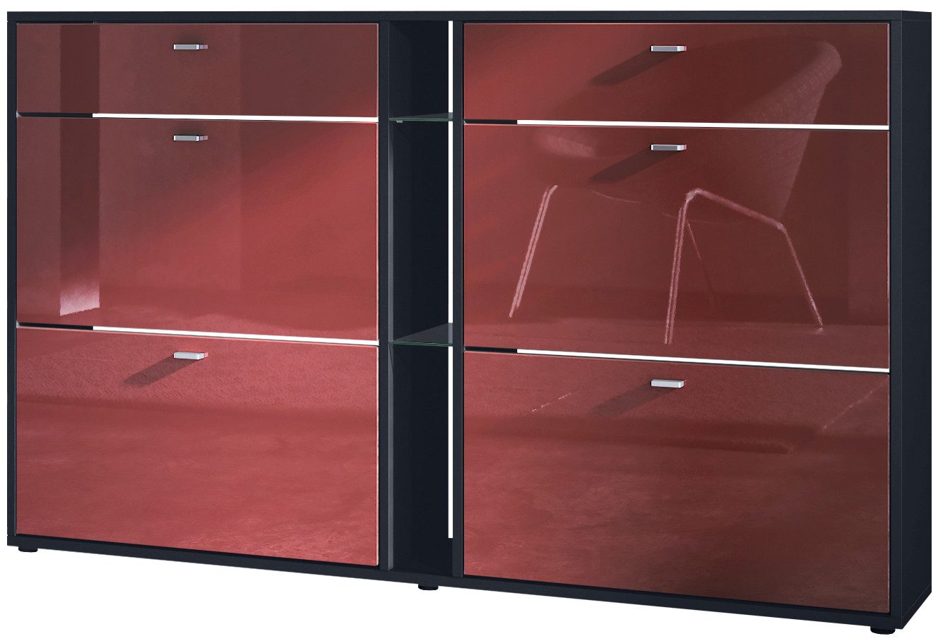 Vladon Schuhschrank Today (Schuhkipper für 24 Paar Schuhe mit 4 Klappen, 2 Schubladen und 3 offene Fächer) Schwarz matt/Bordeaux Hochglanz (155,5 x 95 x 28 cm)