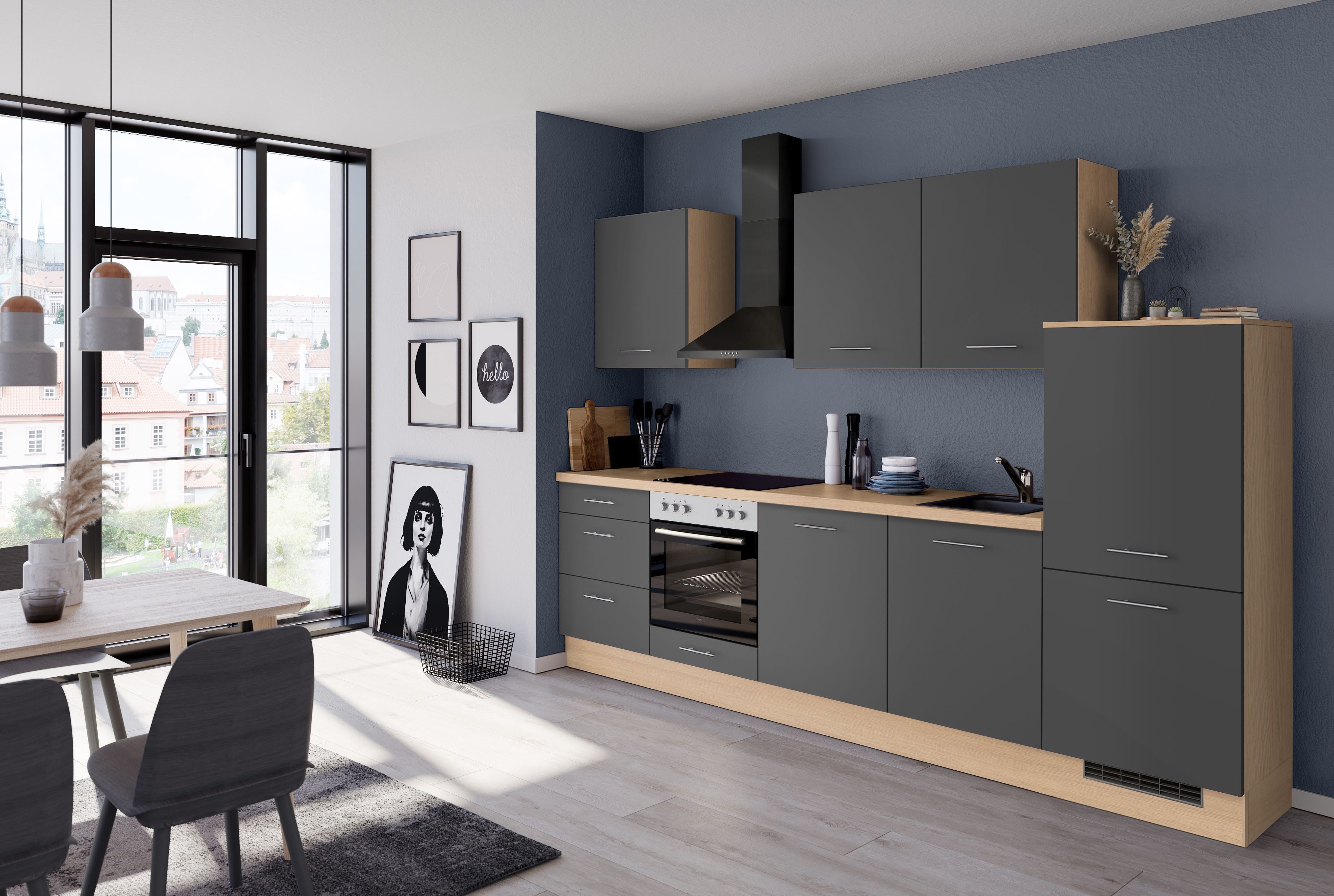 IMPULS KÜCHEN Küchenzeile "Kopenhagen", Ausrichtung wählbar, Schubkästen mit Soft-Close, (Set), vormontiert, wahlweise mit E-Geräten, Breite 300 cm