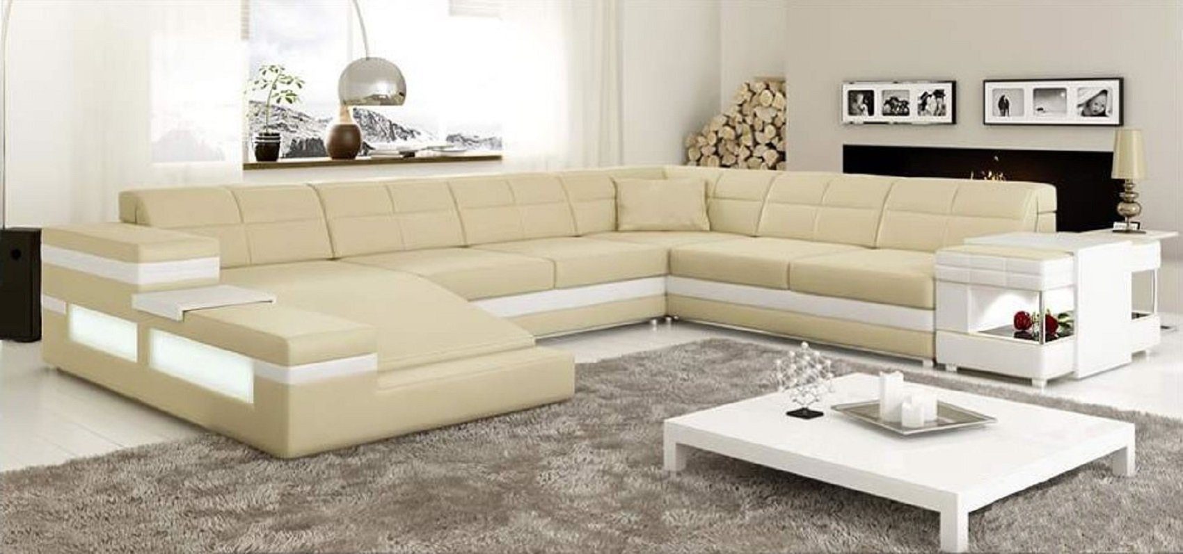 Couch JVmoebel Polster Ecksofa Ecksofa Eckgarnitur Beige/Weiß Made Design Ledersofa in Sofa Europe Sofa,