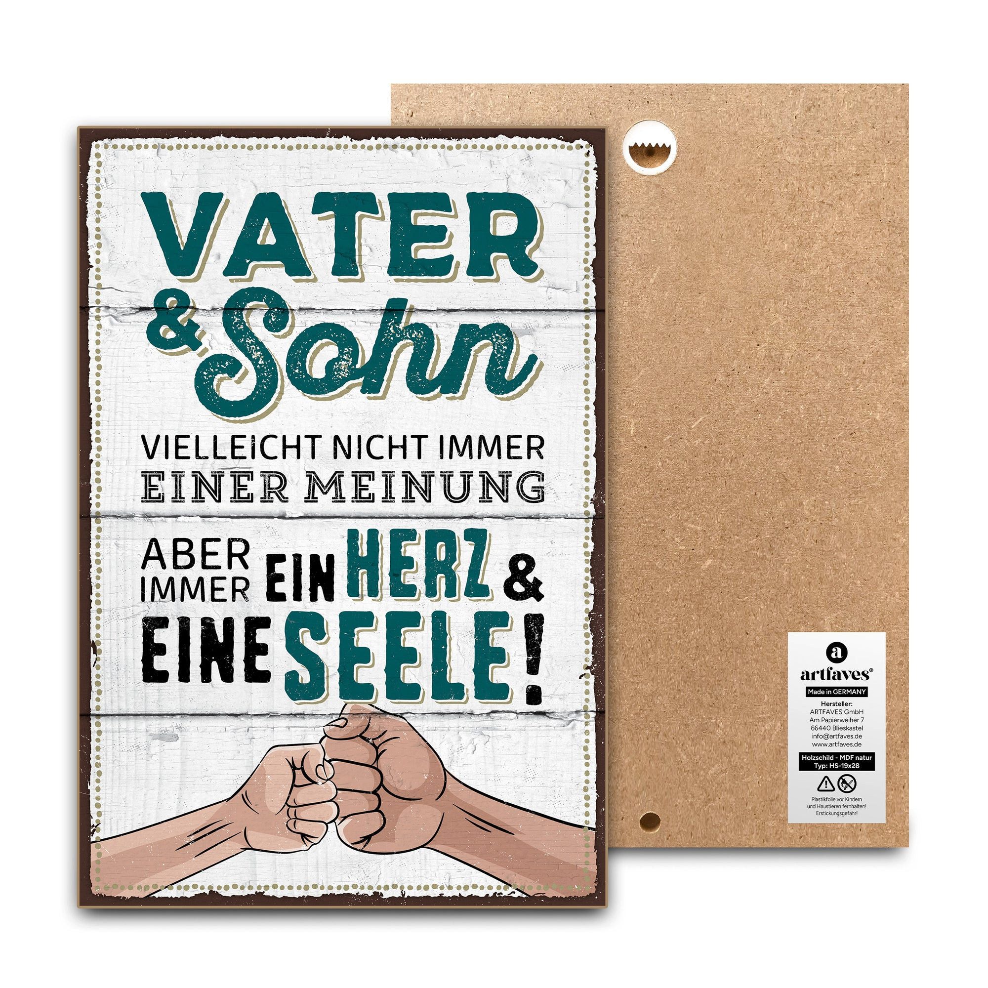 ARTFAVES Holzbild Schild mit Spruch - VATER & SOHN - Ein Herz und eine Seele - Vatertag