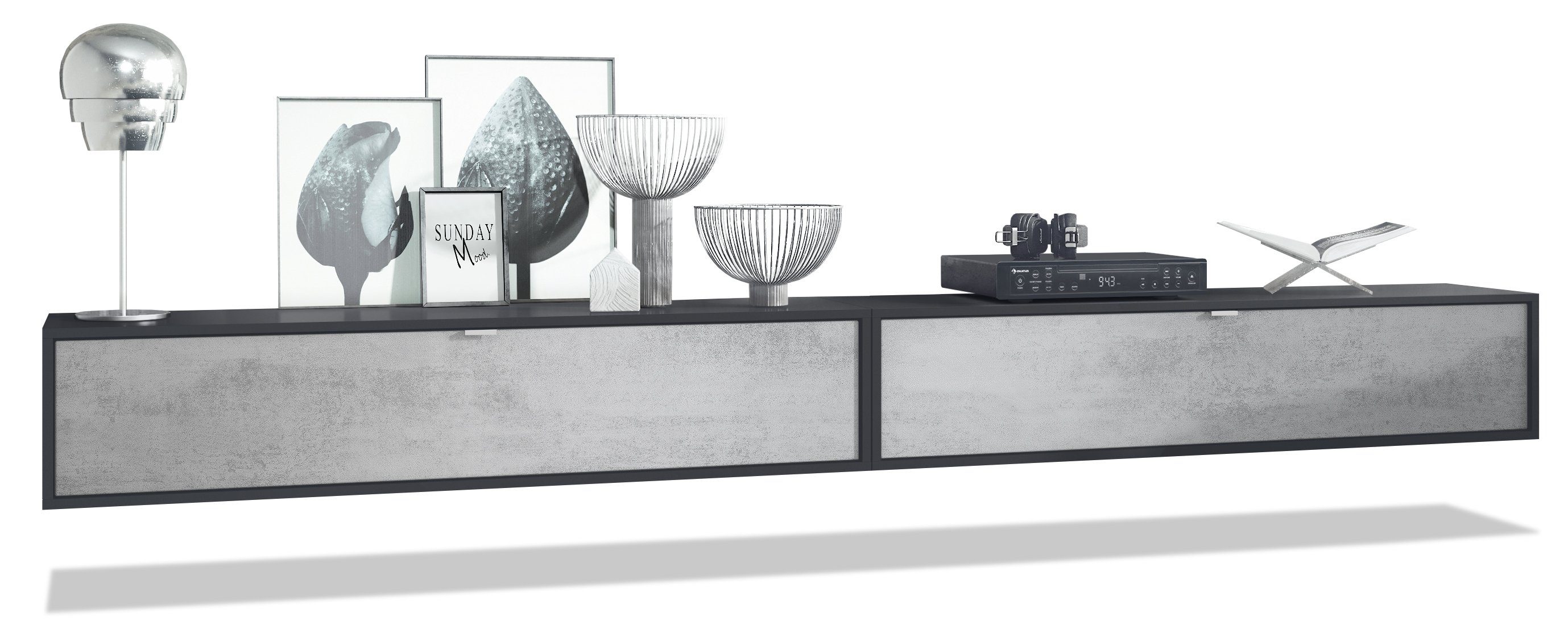 Vladon Lowboard Lana 1400 (2er-Set Tv-Kommode, mit Klappe dahinter 3 Fächer), Schwarz matt/Beton Oxid Optik (140 x 29 x 37 cm)