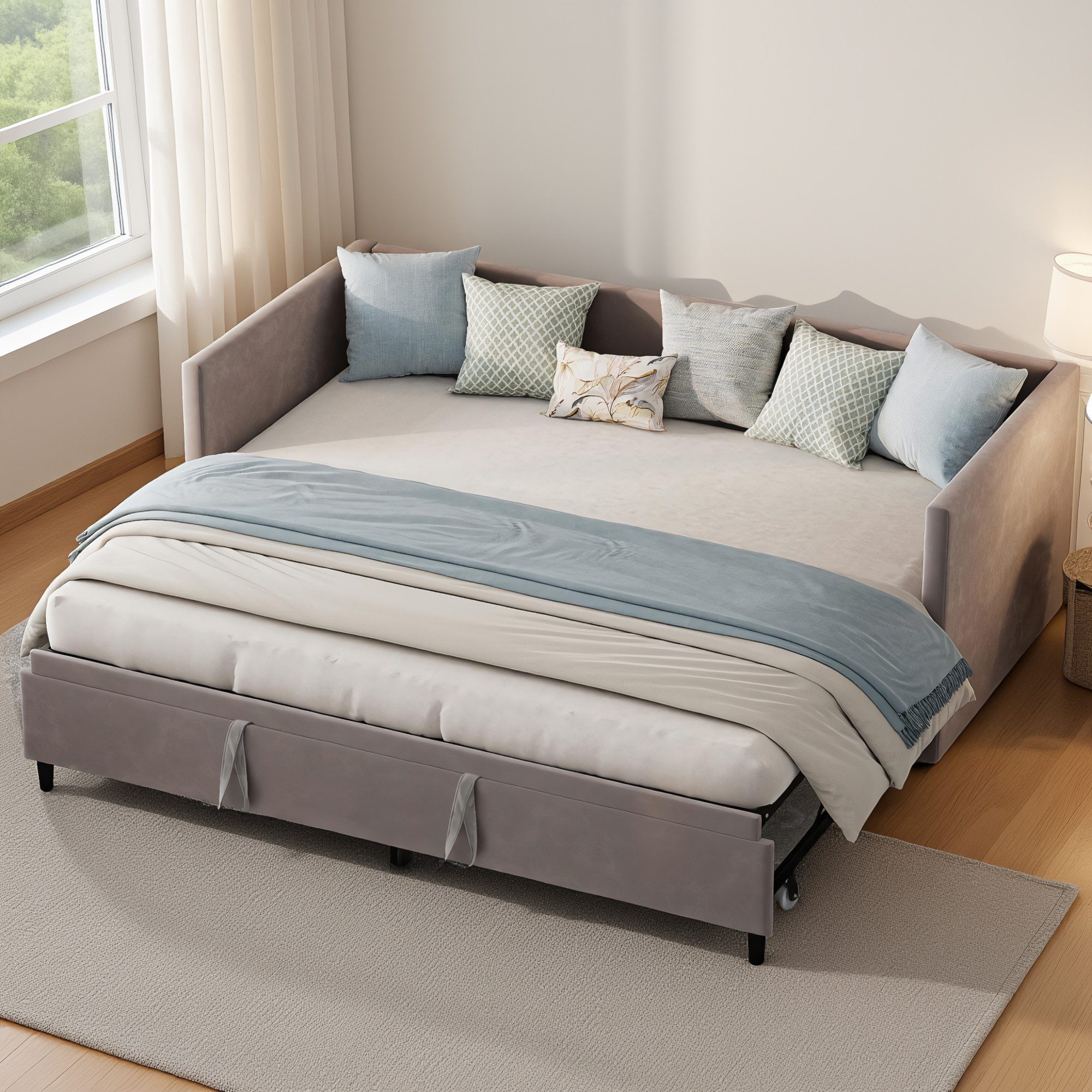 Simurq Schlafsofa Ausziehbares Schlafsofa, Gästebett mit Armlehnen, Tagesbett, Daybett Schlafsofa mit Ausziehbett 90/180x200cm Samt Bezug