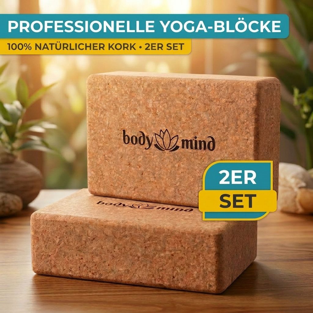 Body & Mind Yogablock Yogablock & Yoga Klotz aus Kork–Pilates Block, Fitnessblock & Zubehör, (100 % Natur, für Yoga, Pilates, Meditation & Fitness)