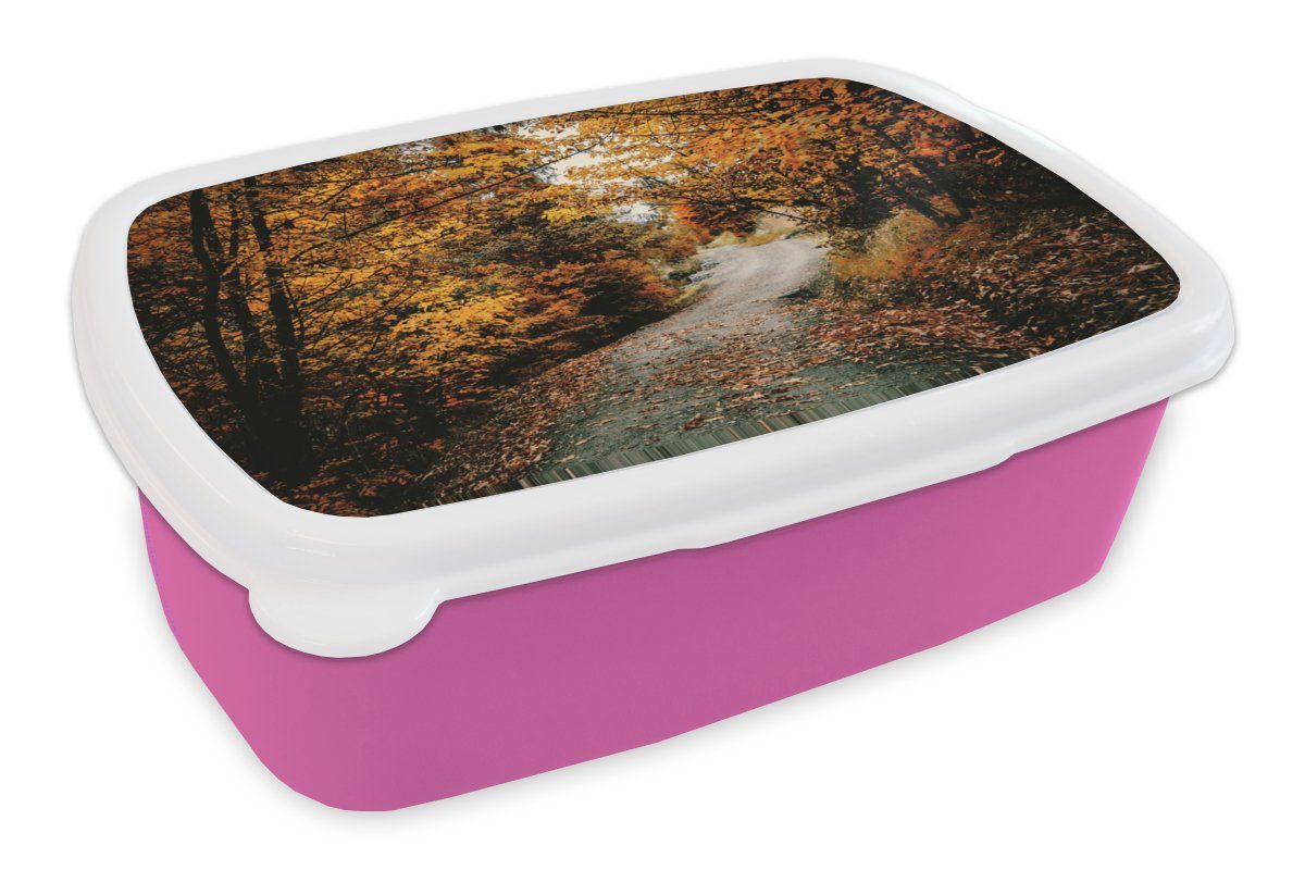 Mädchen, Laub - Brotdose für MuchoWow Brotbox Kunststoff, - Herbstwald Kinder, Erwachsene, Weg Lunchbox Ländlich, rosa (2-tlg), - Snackbox, Kunststoff