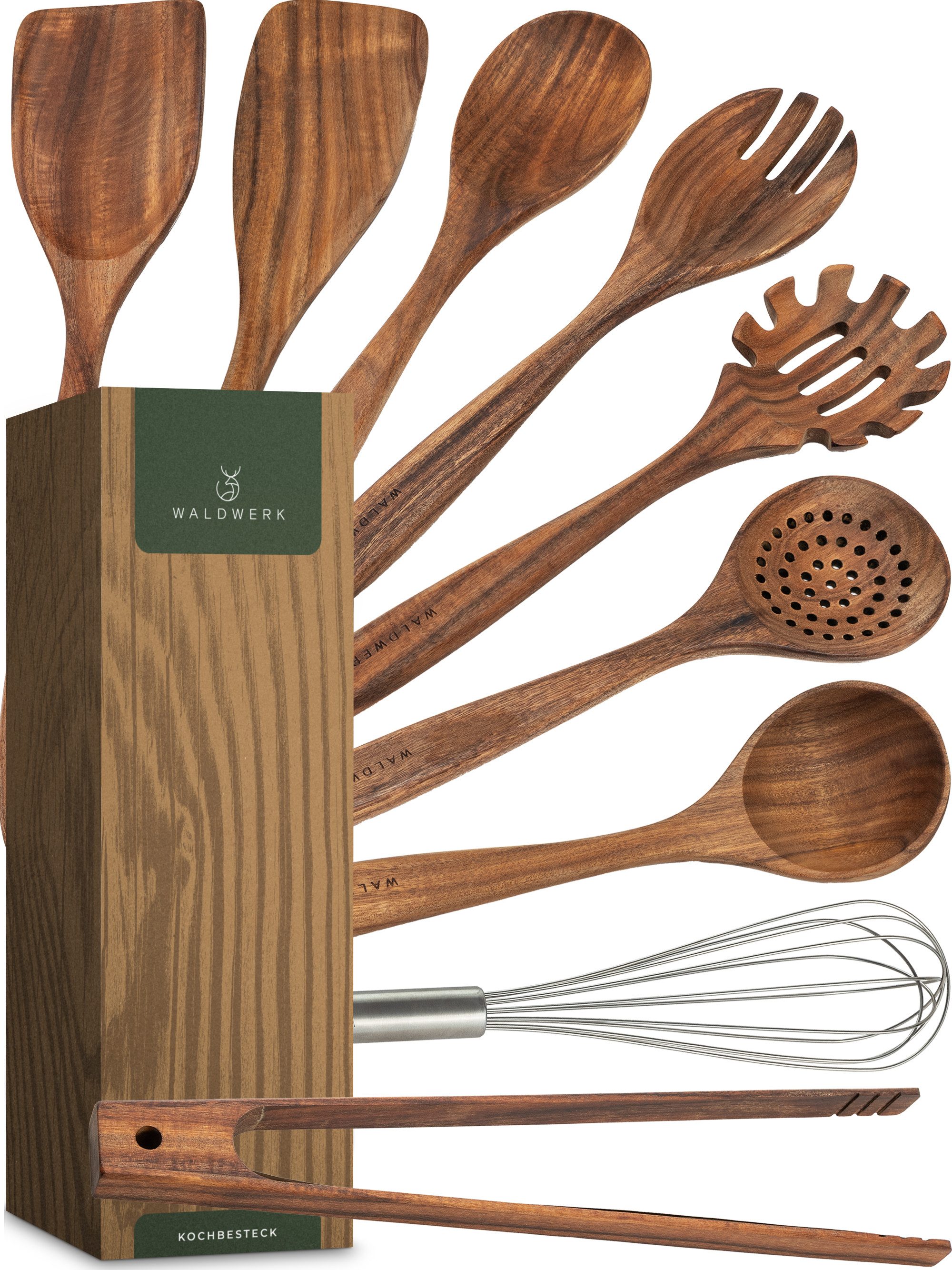 Waldwerk Kochbesteck-Set Küchenhelfer aus Teakholz - Kochbesteck Set - Küchenutensilien (8-tlg), Pfannenwender, Holzlöffel, Nudellöffel und mehr