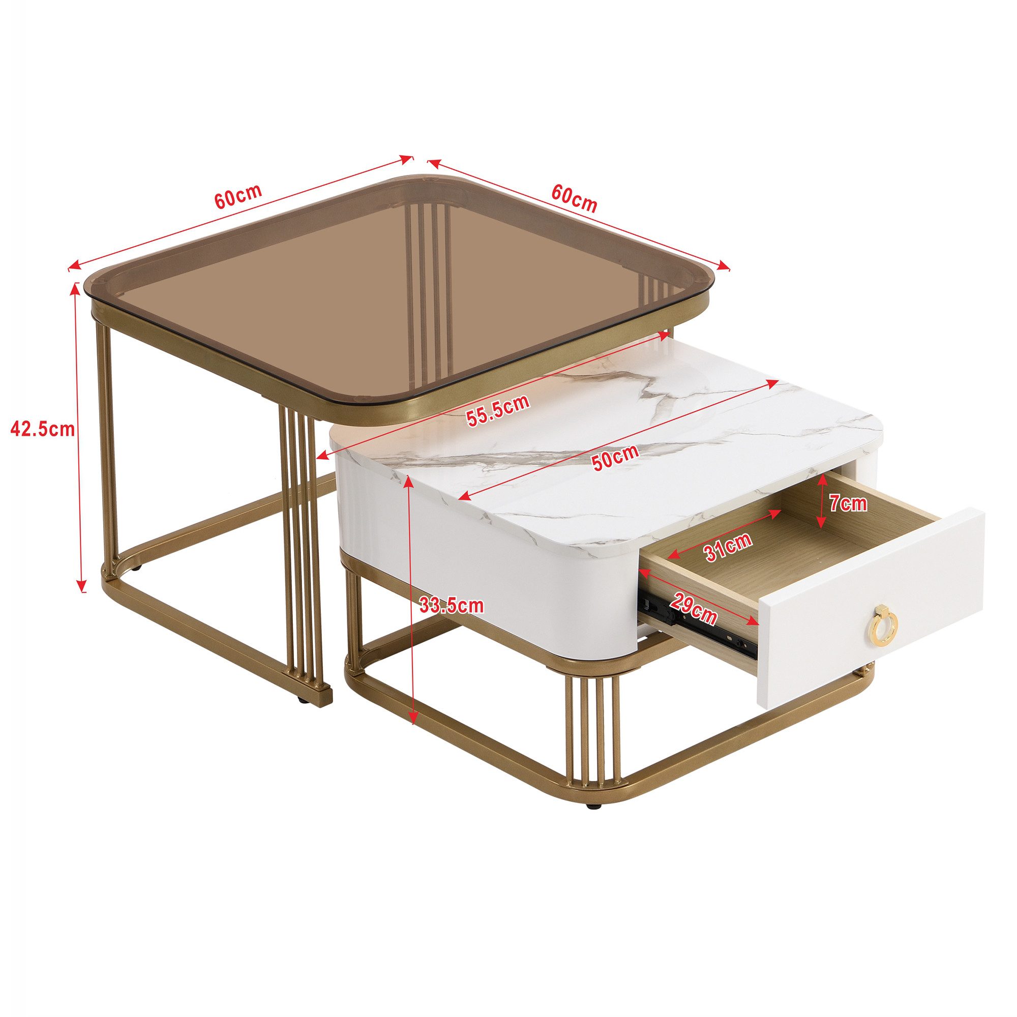 Odikalo Couchtisch Beistelltisch Sofatisch Kaffeetisch Marmoroptik Glasplatte Schubladen, tish1:60*60*45,5 tish2: 50*50*34,5cm – Bild 5 von 5