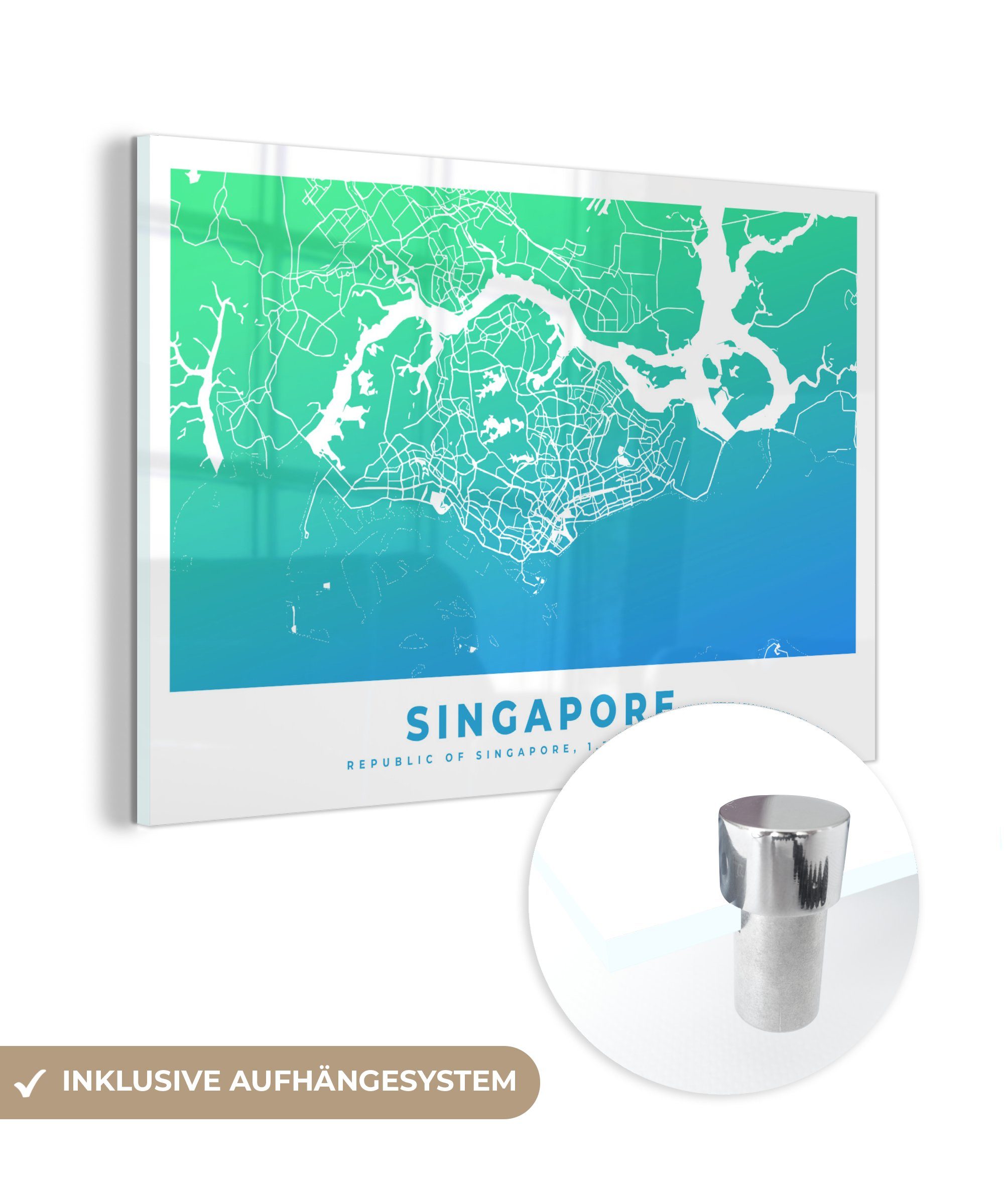 Singapur Schlafzimmer & Acrylglasbild Acrylglasbilder (1 St), Stadtplan Wohnzimmer Karte, MuchoWow - -