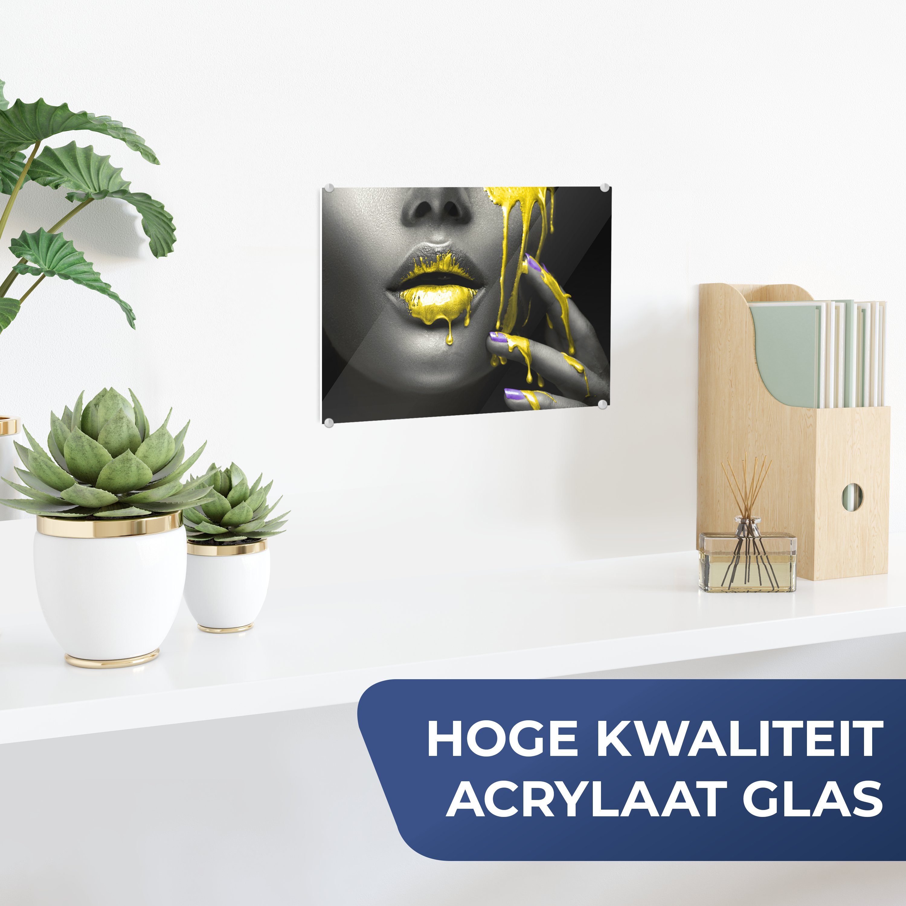 MuchoWow Acrylglasbild Lippen - Schwarz, Glasbilder Wanddekoration Gelb - auf (1 - auf Foto Bilder St), Glas - Glas - Wandbild
