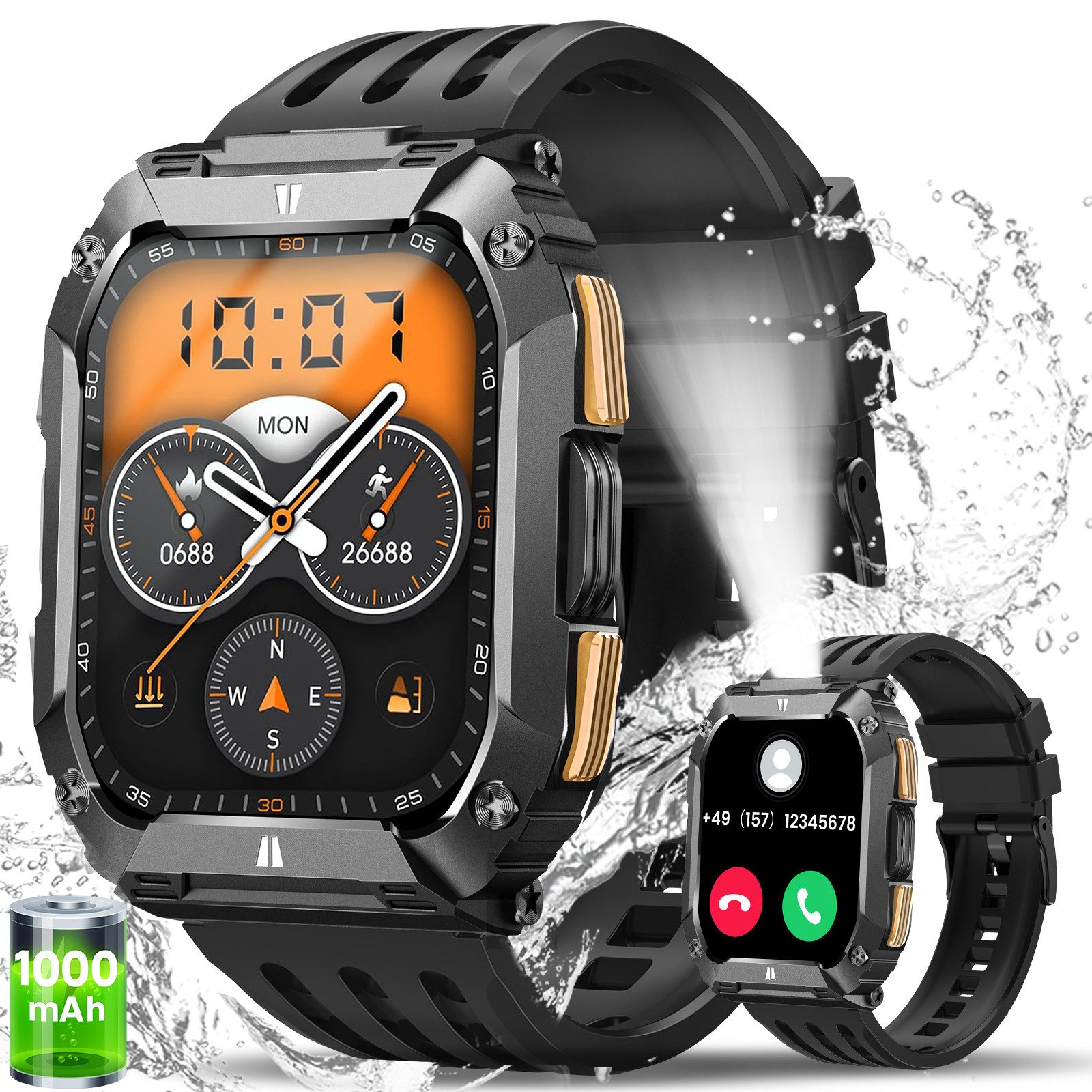 BANLVS 2025 NEW Smartwatch Herren Militärische mit Telefonfunktion & AI GPT Smartwatch (Standardgröße Zoll, HD Bildschirm Touchscreen) mit Herzfrequenz/SpO2/Blutdruck/Schlafmonitor, 1000mAh Herzfrequenz,SpO2,Schlaf,Druckerkennung,2,01''AMOLED-Display