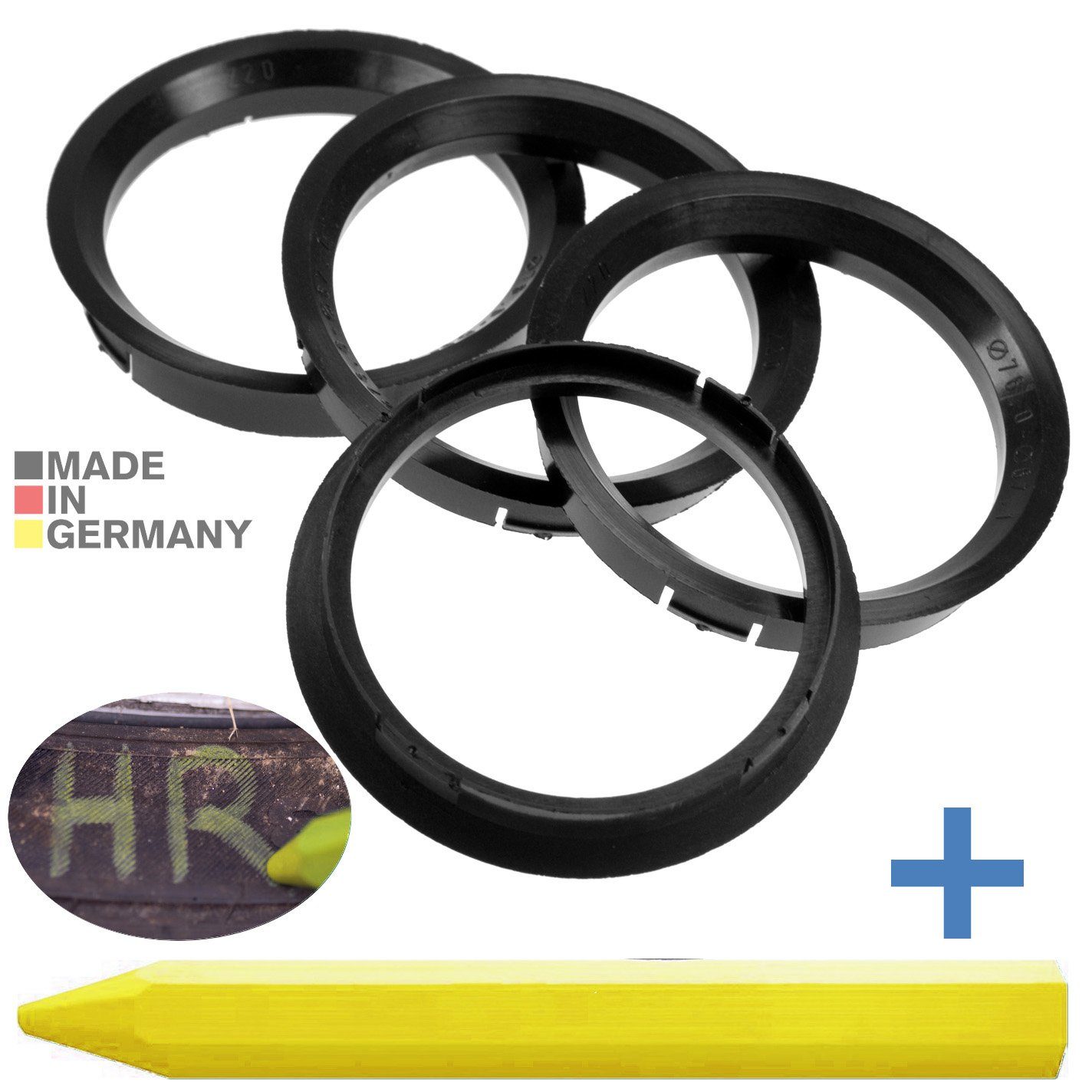 RKC Reifenstift 4X Zentrierringe Schwarz Felgen Ringe + 1x Reifen Kreide Fett Stift, Maße: 76,0 x 67,1 mm