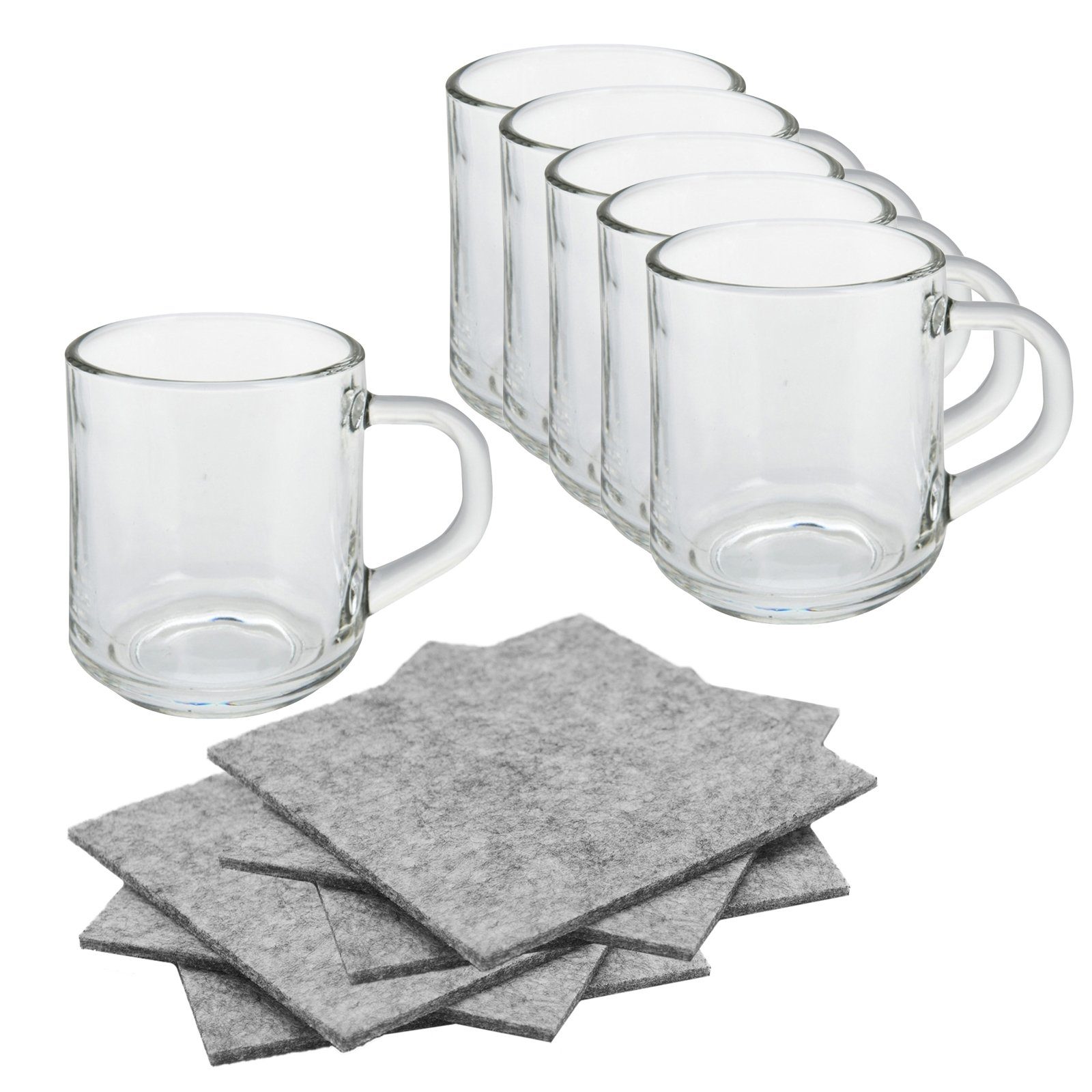 Neuetischkultur Gläser-Set Kaffee/Tee-Glas 6er Set mit 6x Untersetzer, Glas, Trinkglas Henkelglas