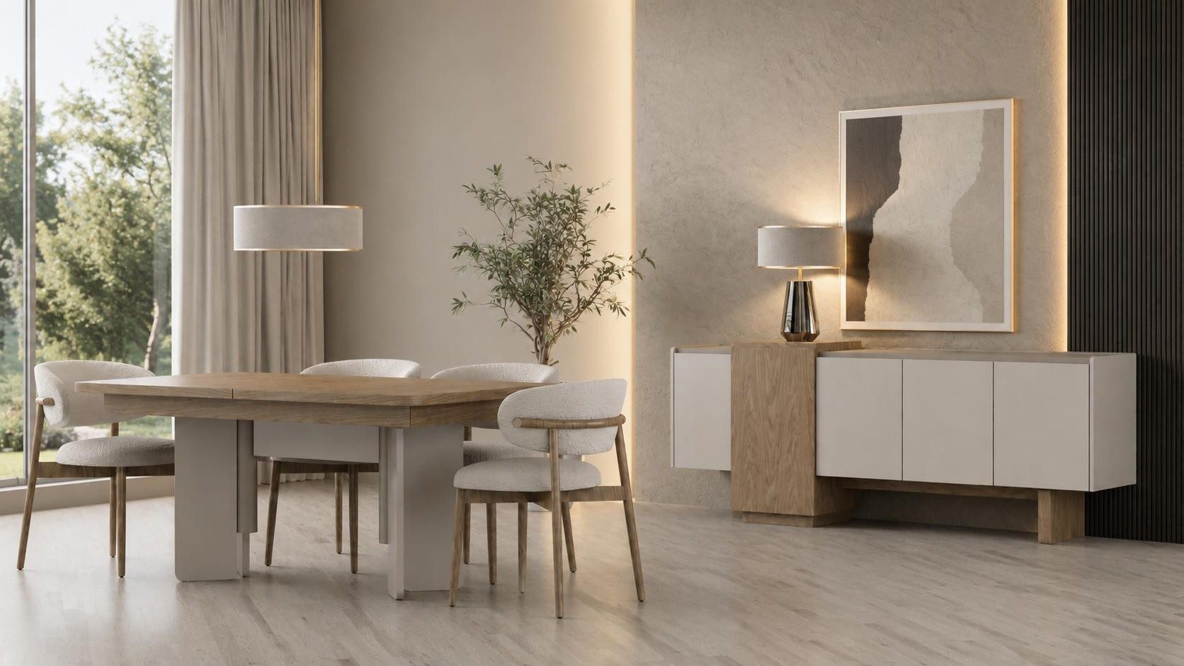 Xlmoebel Esszimmer-Set Modernes Esszimmer Set Esstisch 4 Stühle Sideboard Weiß Holz Design, (6-St., 1x Tisch, 4x Stühle, 1x Sideboard)