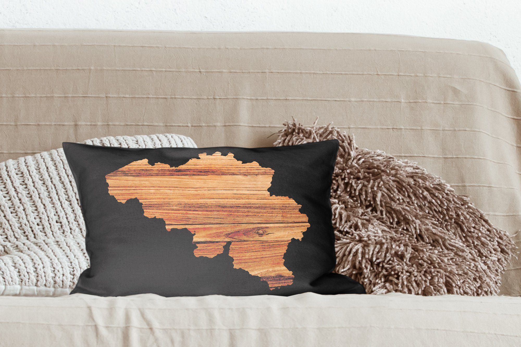 Dekoration, - MuchoWow Holz, mit Füllung, Schlafzimmer Belgien Karte Wohzimmer - Dekokissen Dekokissen Zierkissen,