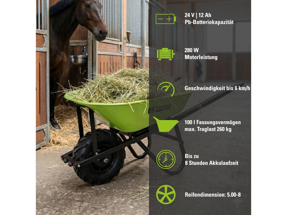 ZIPPER Motorschubkarre ZI-EWB200S, 100 l, Set, inkl. Batterie und Ladegerät, 260 kg Traglast, 100 L Fassungsvermögen