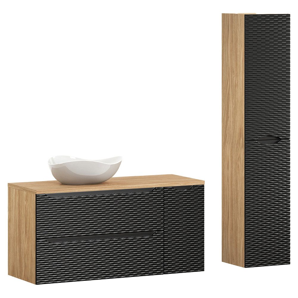 Lomadox Badmöbel-Set OLUO-56-BLACK, (Spar-Set, 2-St., Waschtisch Hochschrank), mit 120cm Waschtisch, Eiche mit schwarz, 3D-Oberfläche