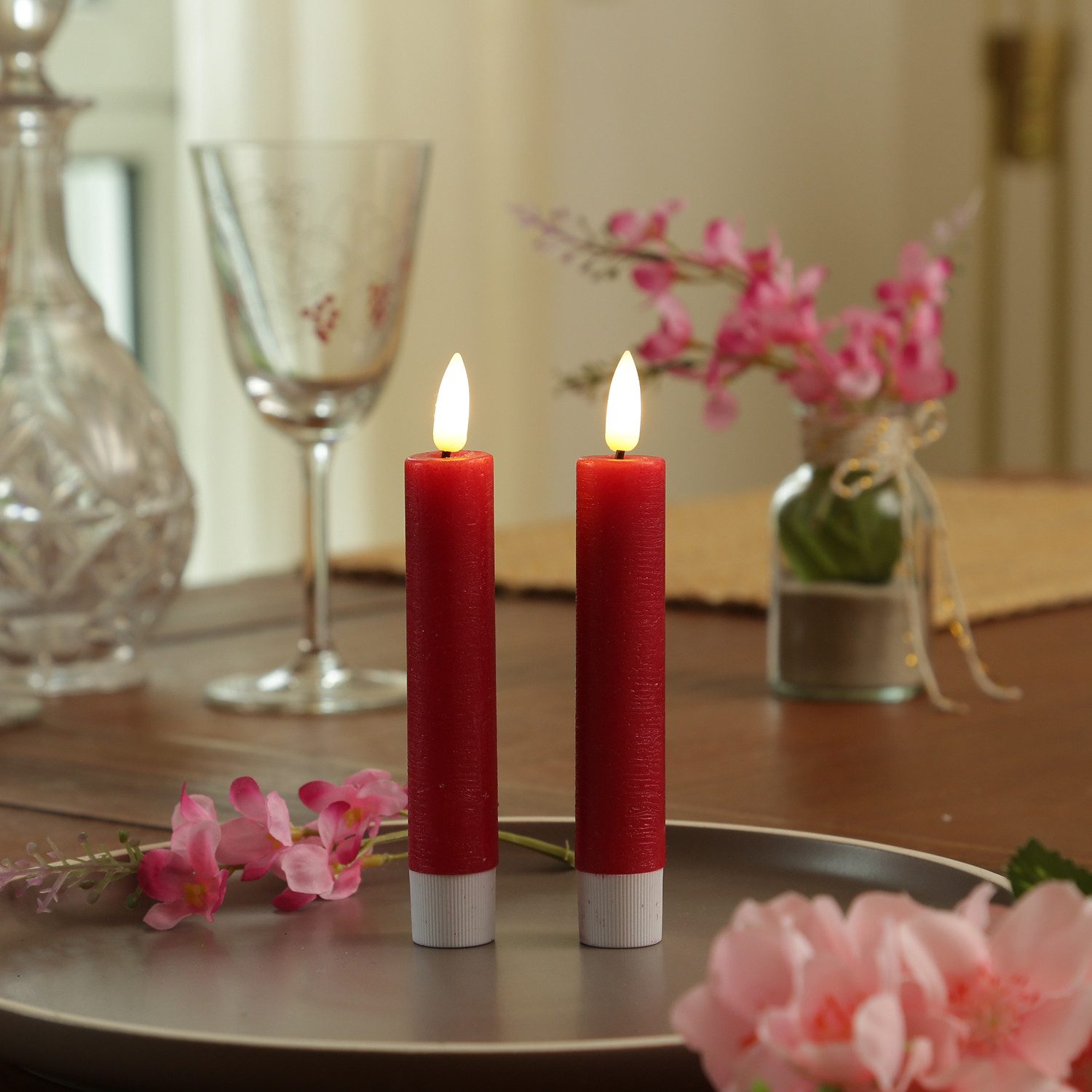 Adilina LED-Kerze LED Stabkerzen Tafelkerzen Dinner Spitzkerzen rustikal 16cm rot 2St, warmweiß (2100K bis 3000K) – Bild 3 von 5