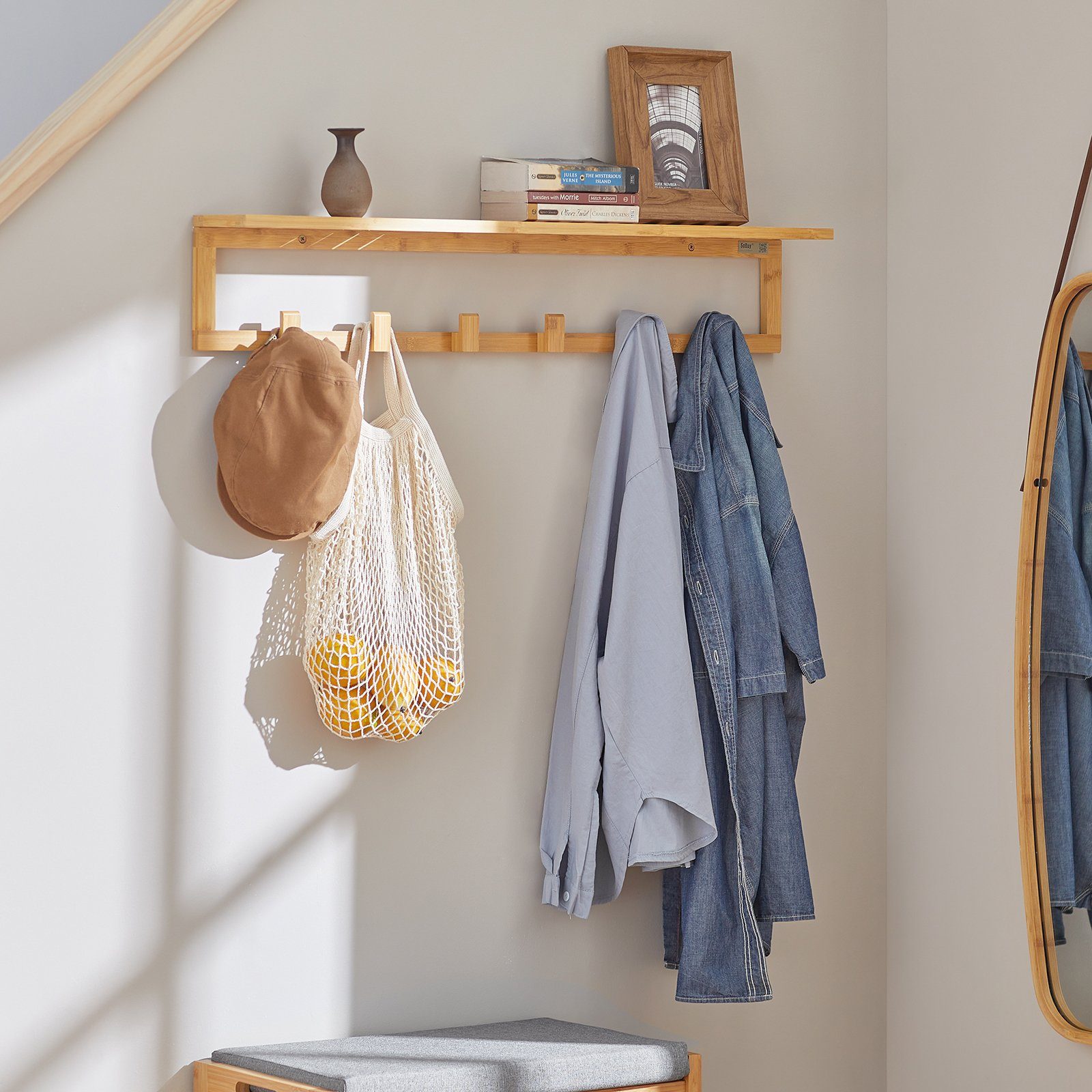SoBuy Wandgarderobe FHK06, Flurgarderobe Badregal mit 6 Haken und Ablage
