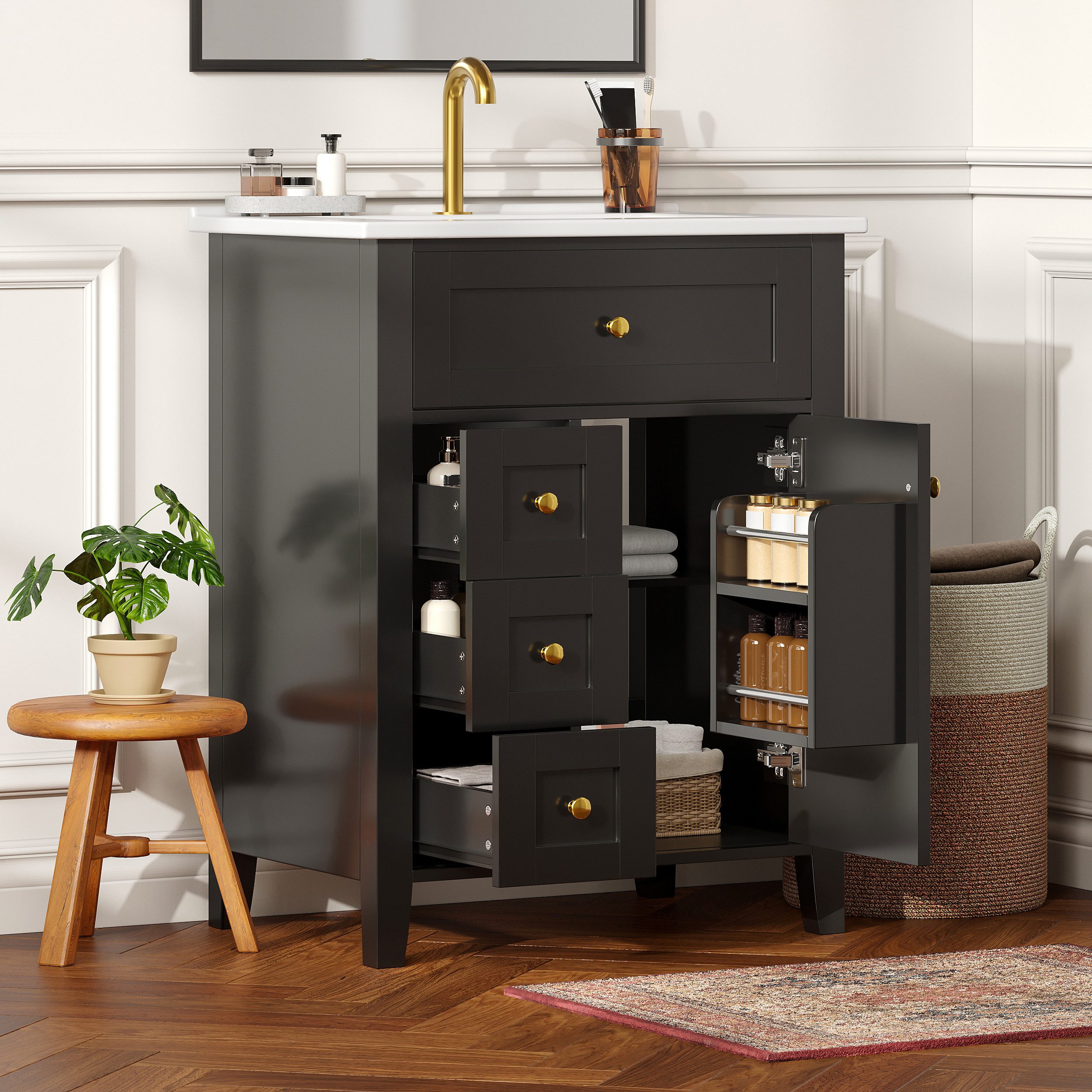 Flieks Waschtisch mit 3 Schubladen & 1 Klappen & Türregalen Soft-Close-Funktion (bodenstehend Waschbeckenunterschrank mit Waschbecken, 1-St., B61/T47/H86 cm), Badezimmerschrank mit Keramikbecken Badmöbel Volllackierung Schwarz