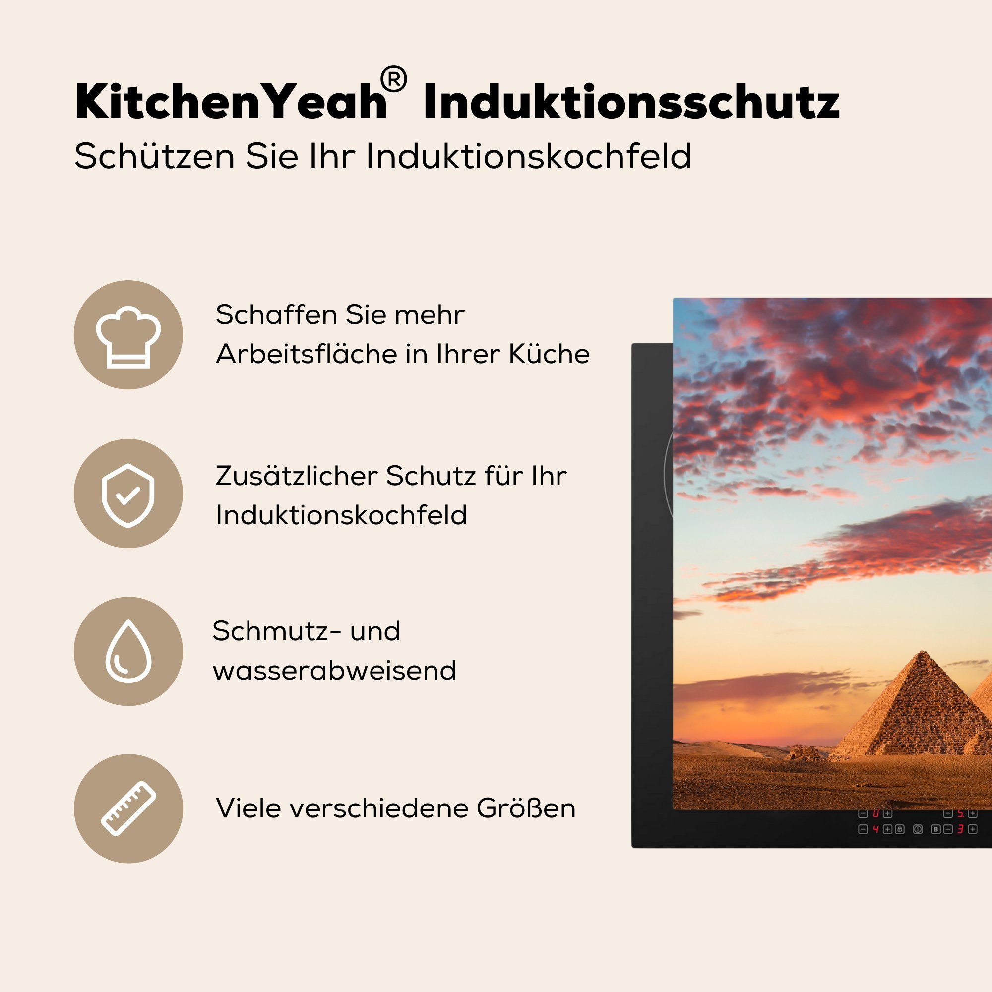 küche (1 Ägypten tlg), bei cm, Ceranfeldabdeckung, 83x51 Pyramiden Arbeitsplatte in für Vinyl, MuchoWow Herdblende-/Abdeckplatte Sonnenuntergang,