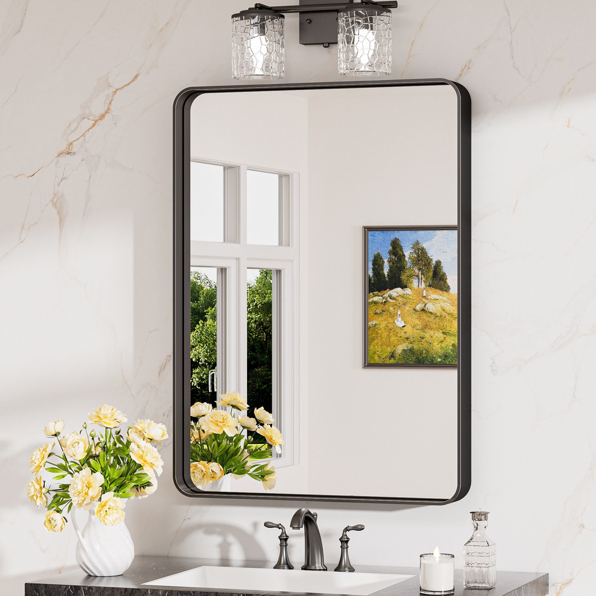 Keonjinn Wandspiegel Badezimmer Spiegel mit Metallrahmen, Gehärtetem Glas Badspiegel (Montage quer & hoch), Rechteckiger Spiegel für Badezimmer, Wohnzimmer, Schlafzimmer