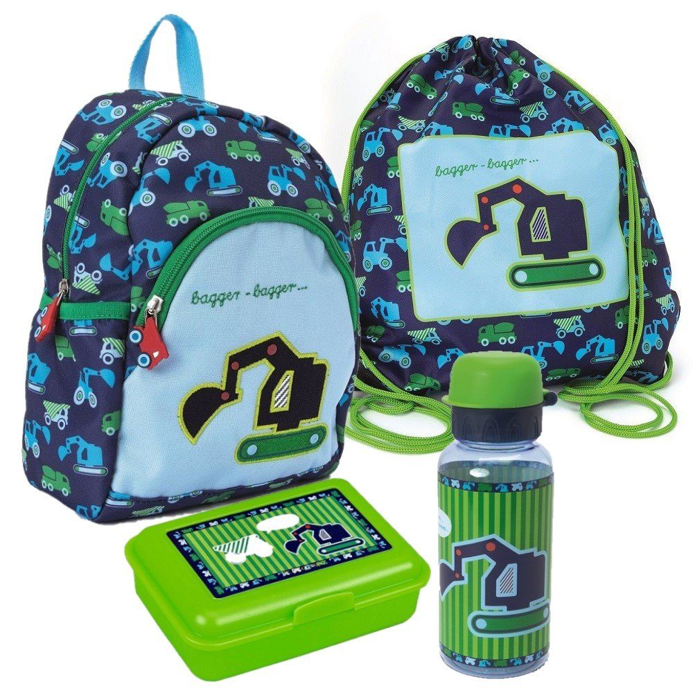 COPPENRATH DIE SPIEGELBURG Kinderrucksack Kleine Freunde Bagger (Set, 4-tlg. inkl. Turnbeutel, Brotdose und Trinkflasche), Rucksack für Jungen in Blau Grün mit Baustellenfahrzeuge