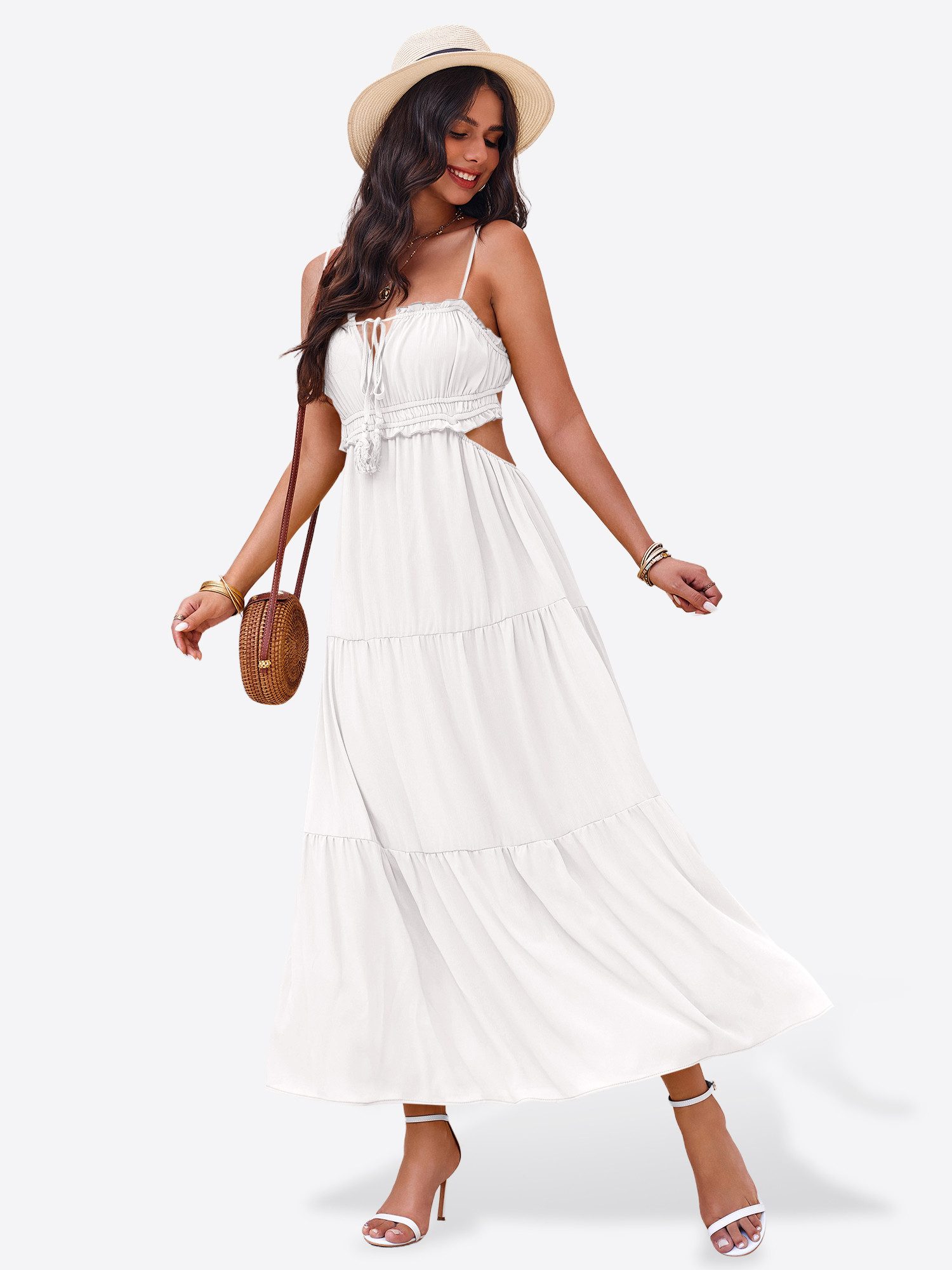 Imily Bela Maxikleid Damen Strand mit Rüschen Bänder ärmellos Boho Sommer Urlaub (Packung, 1-tlg., 1per-Pack) in Unifarbe – Bild 3 von 5