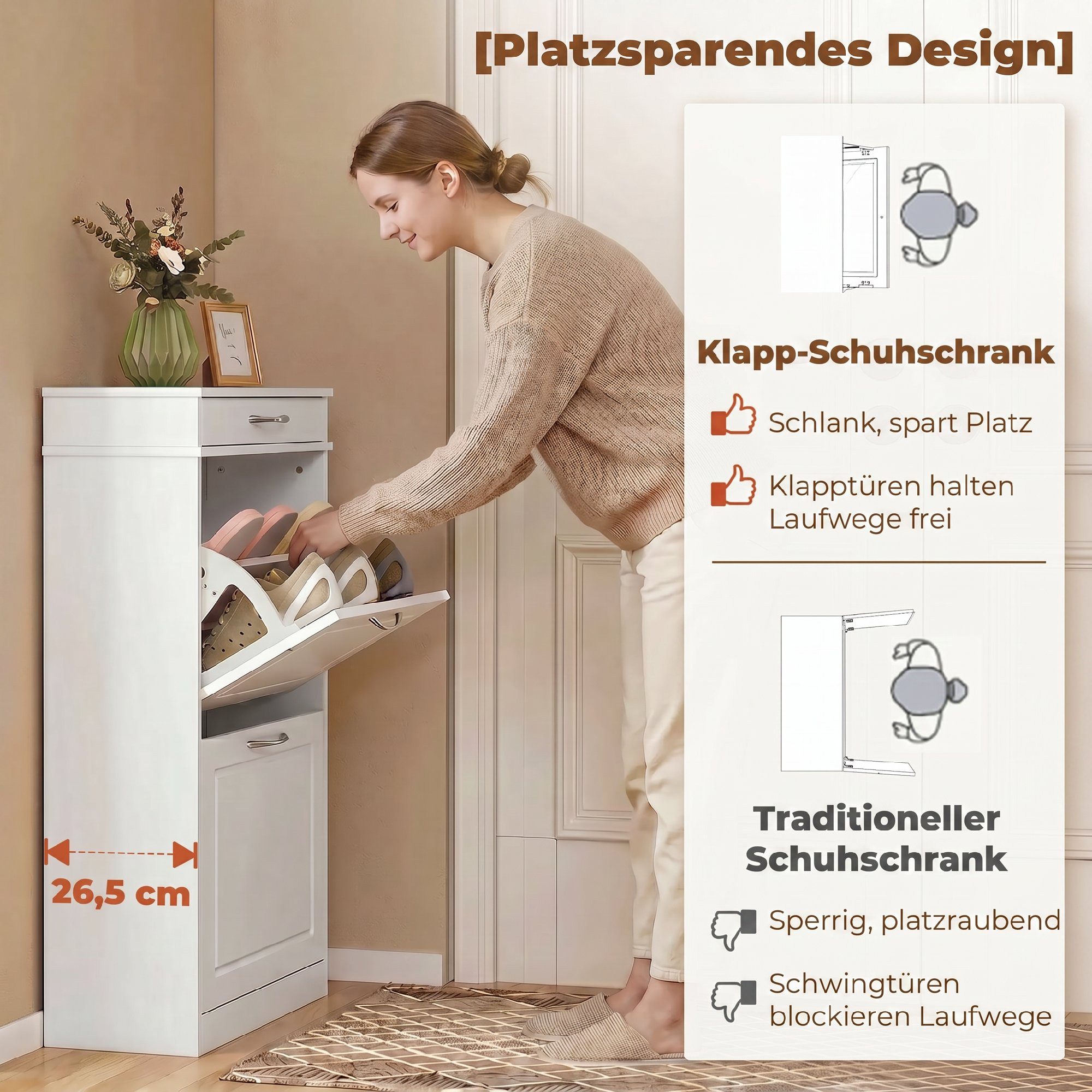 HOMCOM Schuhkipper Schuhschrank Schuhregal mit 2 Klappen für 8 Paar Schuhe (Schuhaufbewahrung, 1 St., 1), für Flur Eingang Wohnzimmer, 53 x 26,5 x 89 cm, Weiß – Bild 5 von 5
